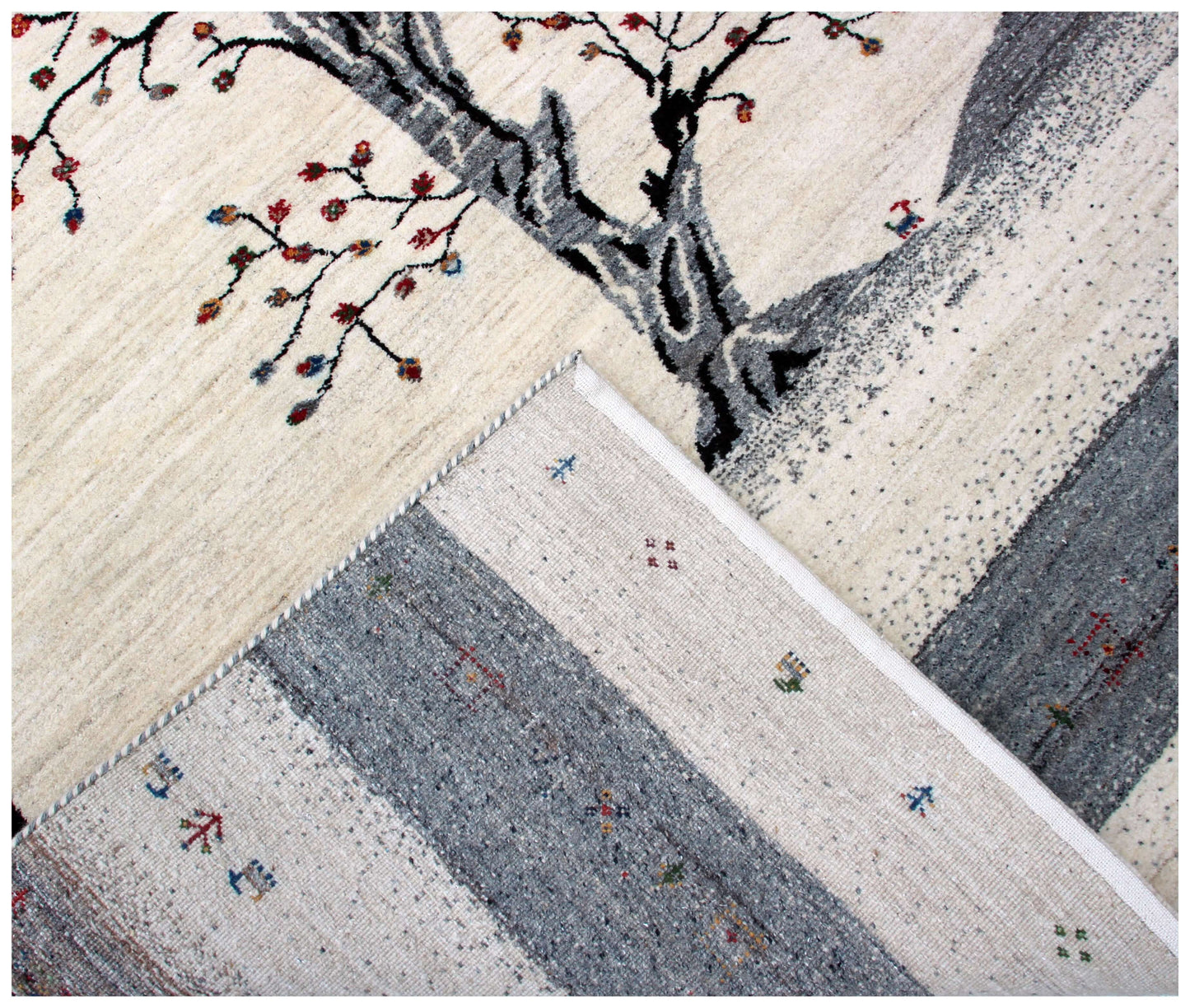 Hand Knotted Tree of Life Wool Rug 5.6x8 - Ivory, Charcoal & Maroon