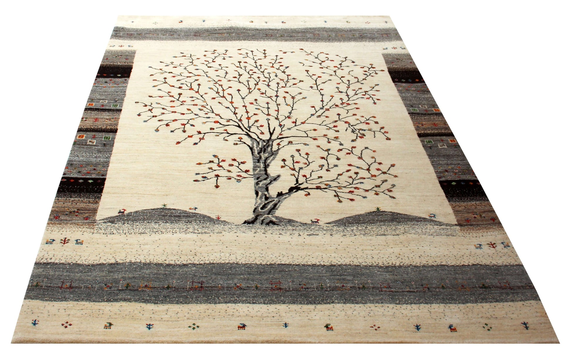 Hand Knotted Tree of Life Wool Rug 5.6x8 - Ivory, Charcoal & Maroon