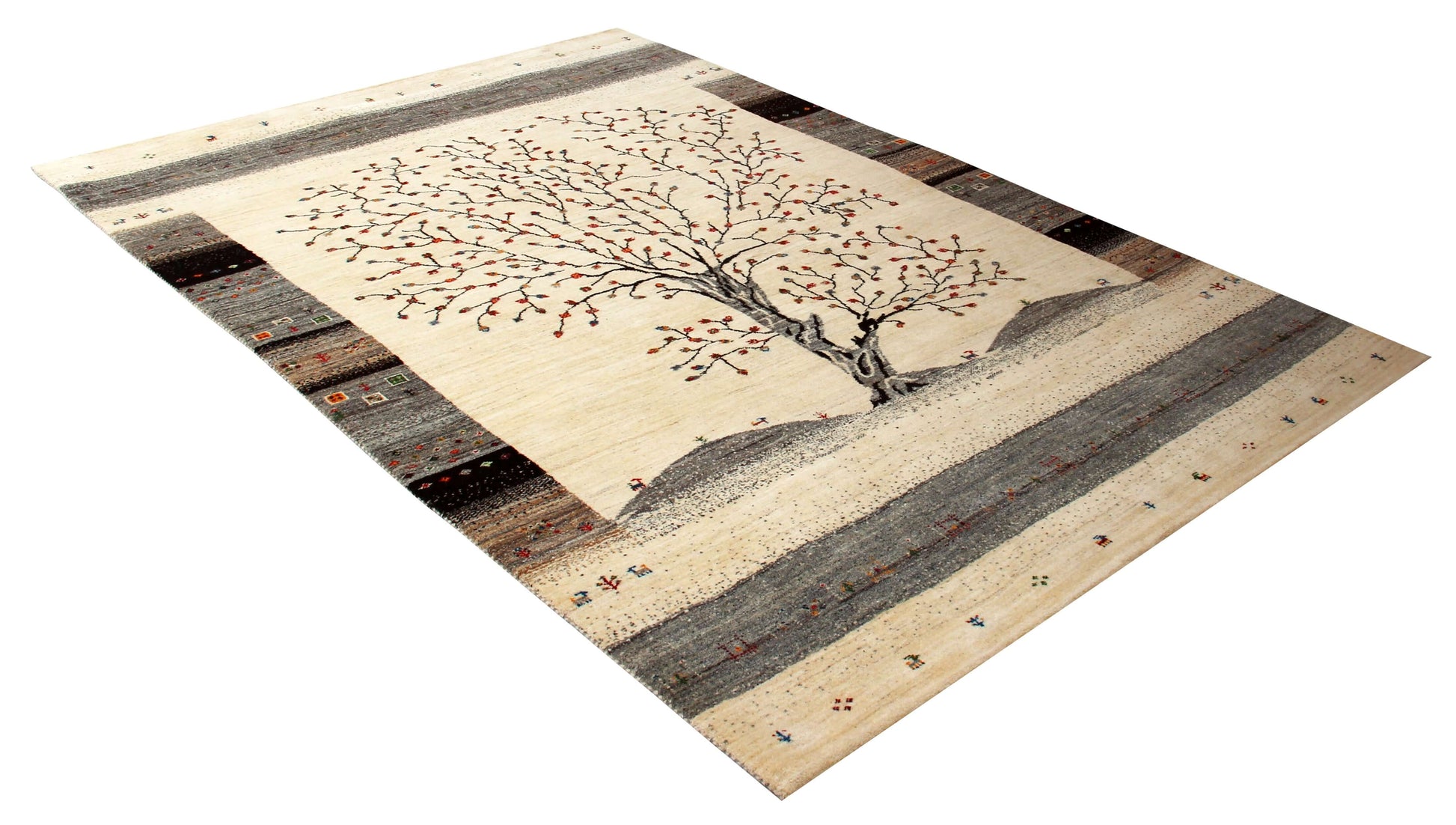 Hand Knotted Tree of Life Wool Rug 5.6x8 - Ivory, Charcoal & Maroon