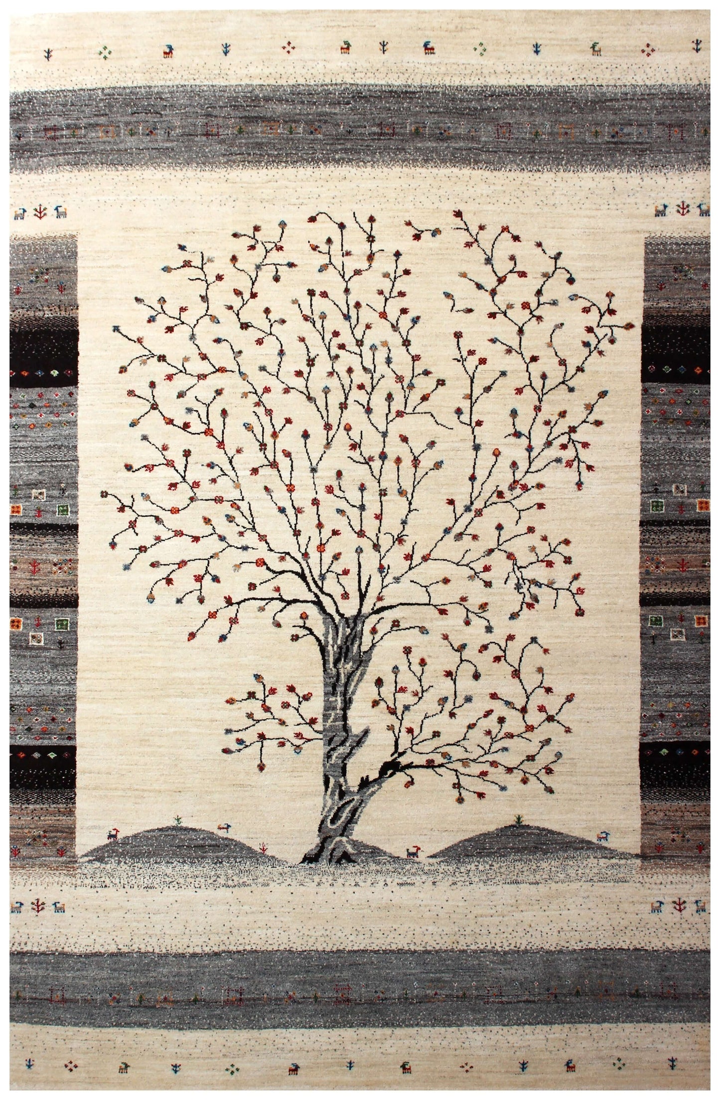 Hand Knotted Tree of Life Wool Rug 5.6x8 - Ivory, Charcoal & Maroon