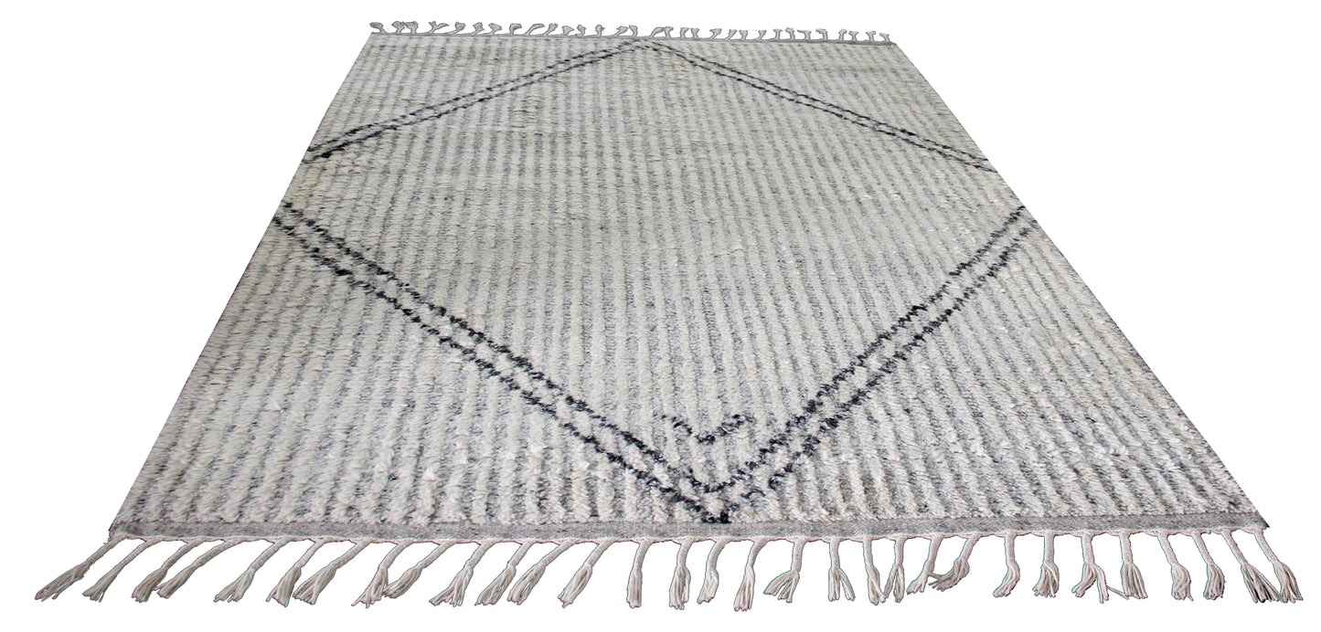 Hand Knotted Gray Ivory Black Modern Striped Rug - Hand Carved Texture 5.6x8