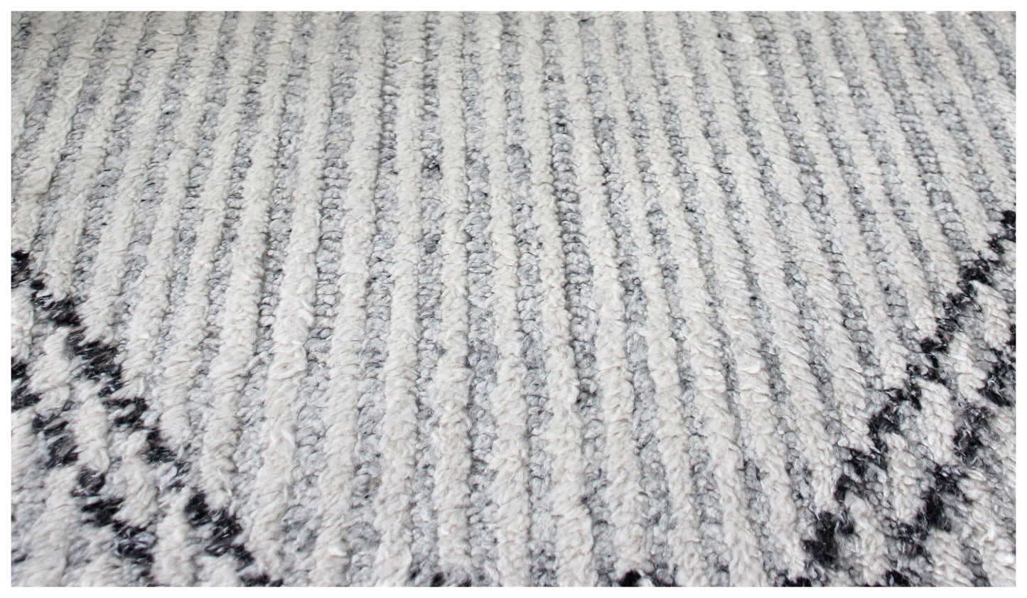 Hand Knotted Gray Ivory Black Modern Striped Rug - Hand Carved Texture 5.6x8