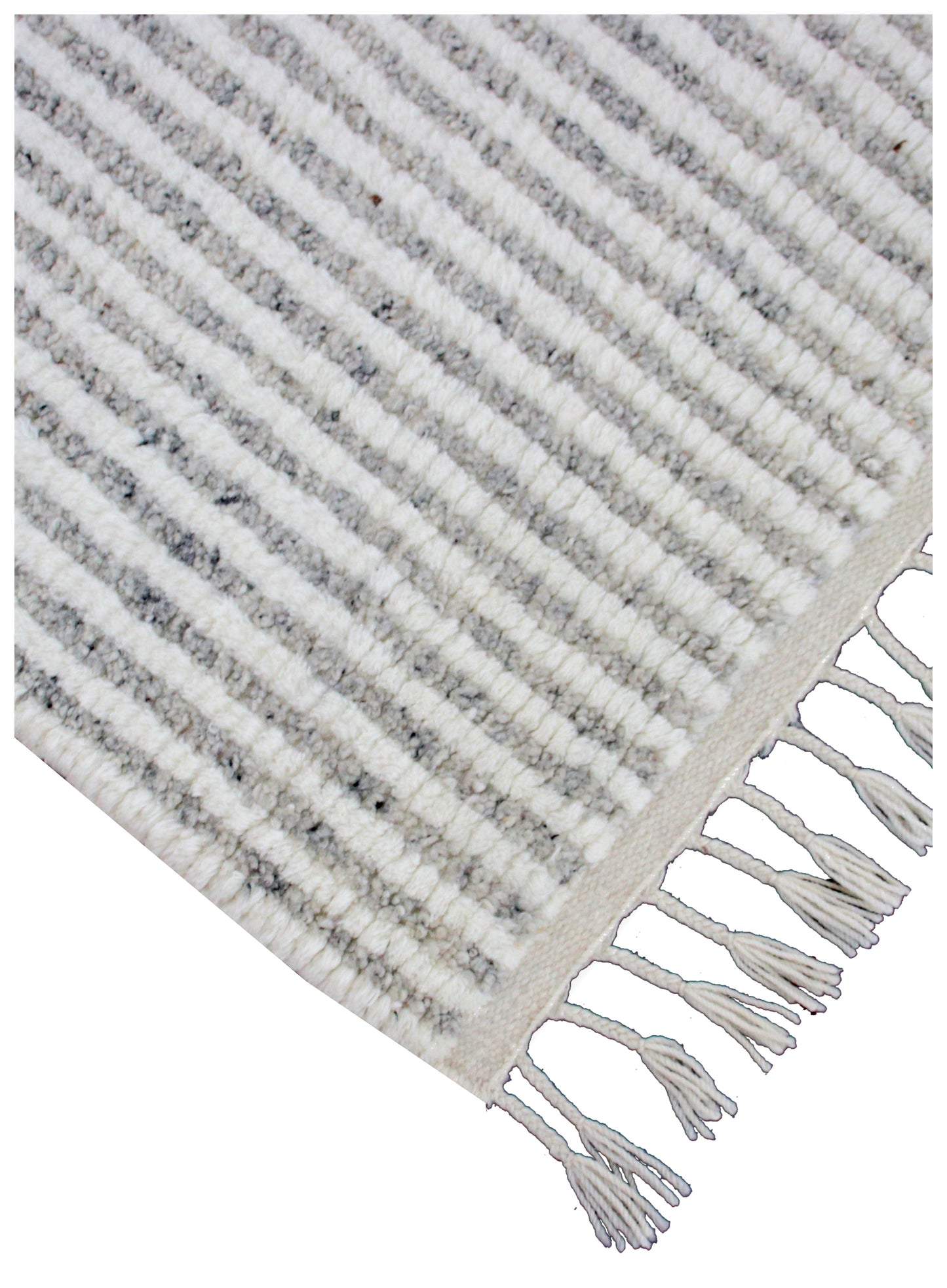 Hand Knotted Ivory Gray Modern Striped Rug - Hand Carved Texture 5.6x8.6 Feet