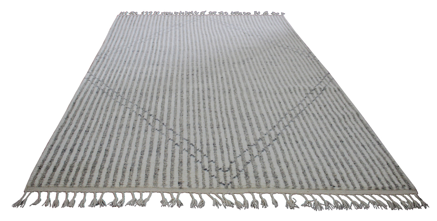 Hand Knotted Ivory Gray Modern Striped Rug - Hand Carved Texture 5.6x8.6 Feet