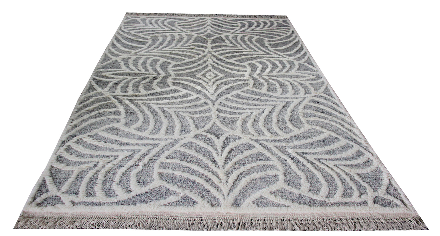 Hand Knotted Ivory Gray Modern Swirl Rug - Hand Carved Texture Area Rug 5.6x8
