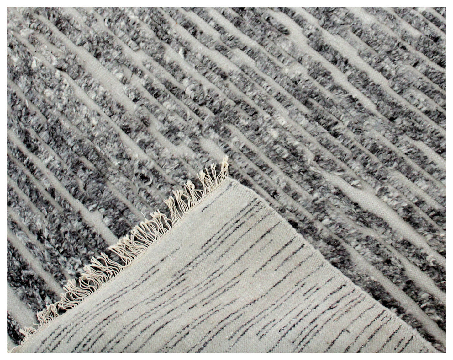 Hand Knotted Ivory Silver Charcoal Abstract Striped Rug - Modern Texture 5x8