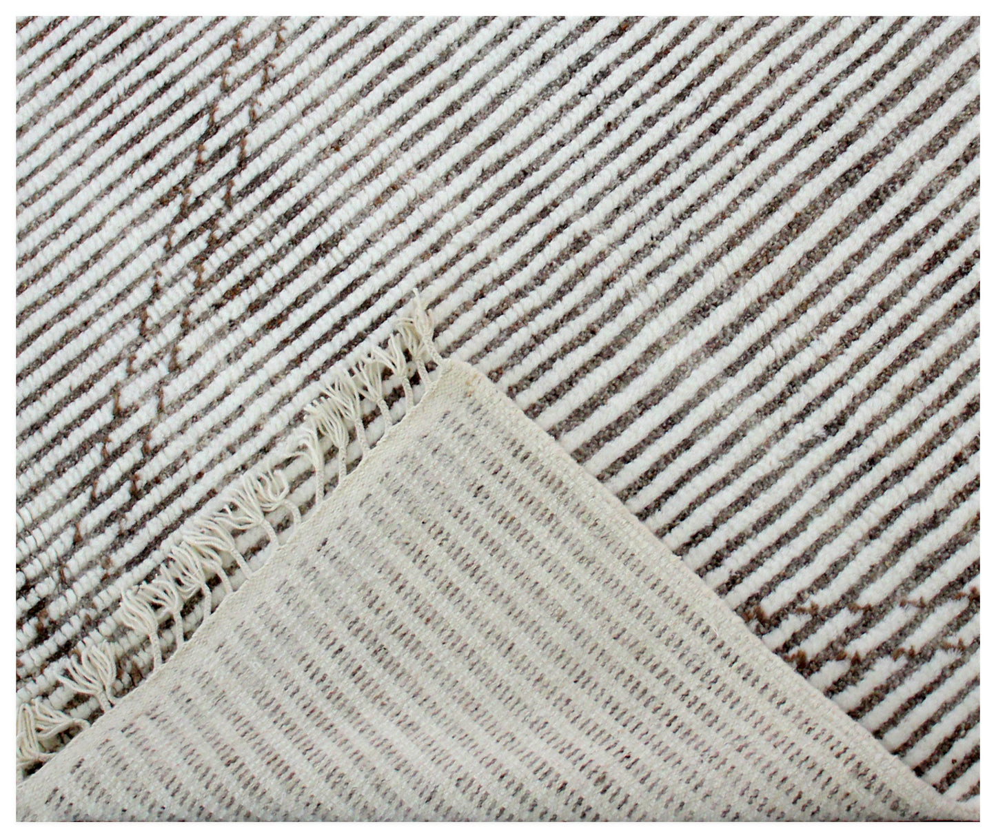 Hand Knotted Ivory Brown Horizontal Modern Striped Rug - Hand Carved Texture 5x8.6