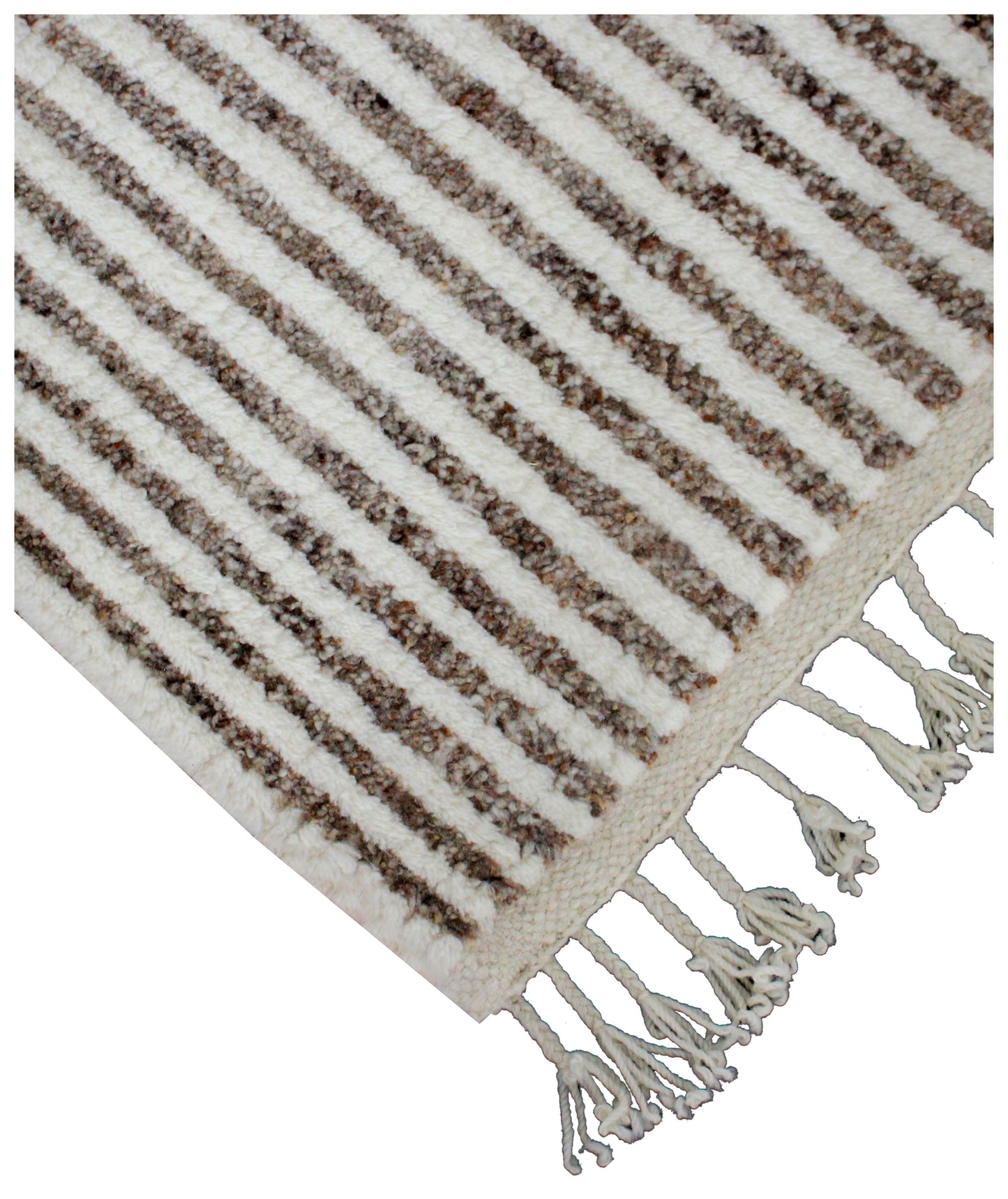 Hand Knotted Ivory Brown Horizontal Modern Striped Rug - Hand Carved Texture 5x8.6