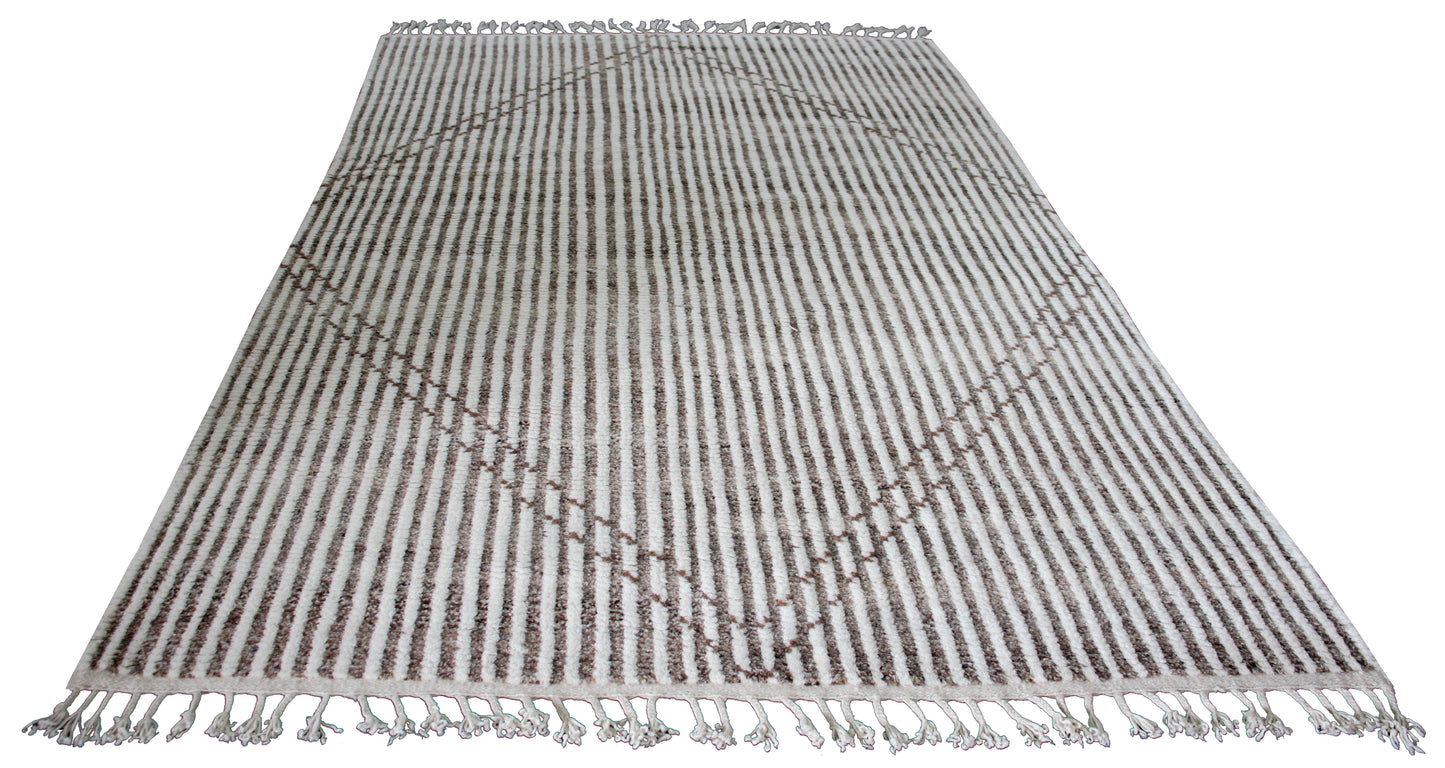 Hand Knotted Ivory Brown Horizontal Modern Striped Rug - Hand Carved Texture 5x8.6