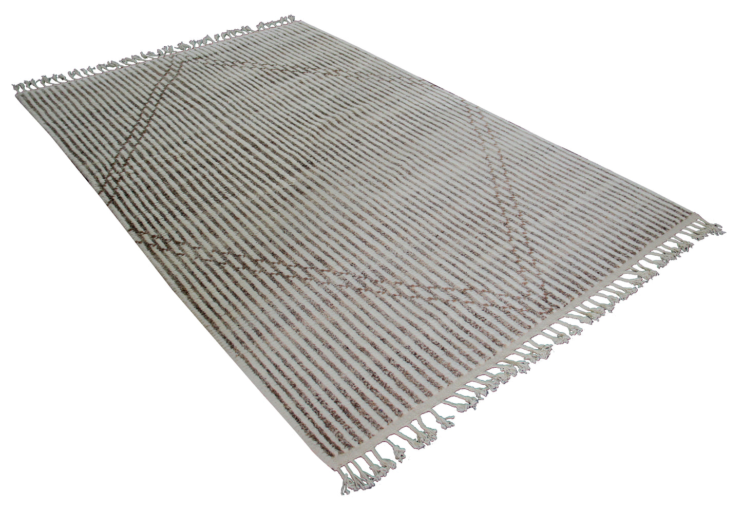 Hand Knotted Ivory Brown Horizontal Modern Striped Rug - Hand Carved Texture 5x8.6