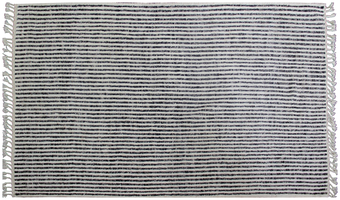 Hand Knotted Ivory Black Horizontal Striped Rug - Modern Hand Carved Texture 5.6x8.6