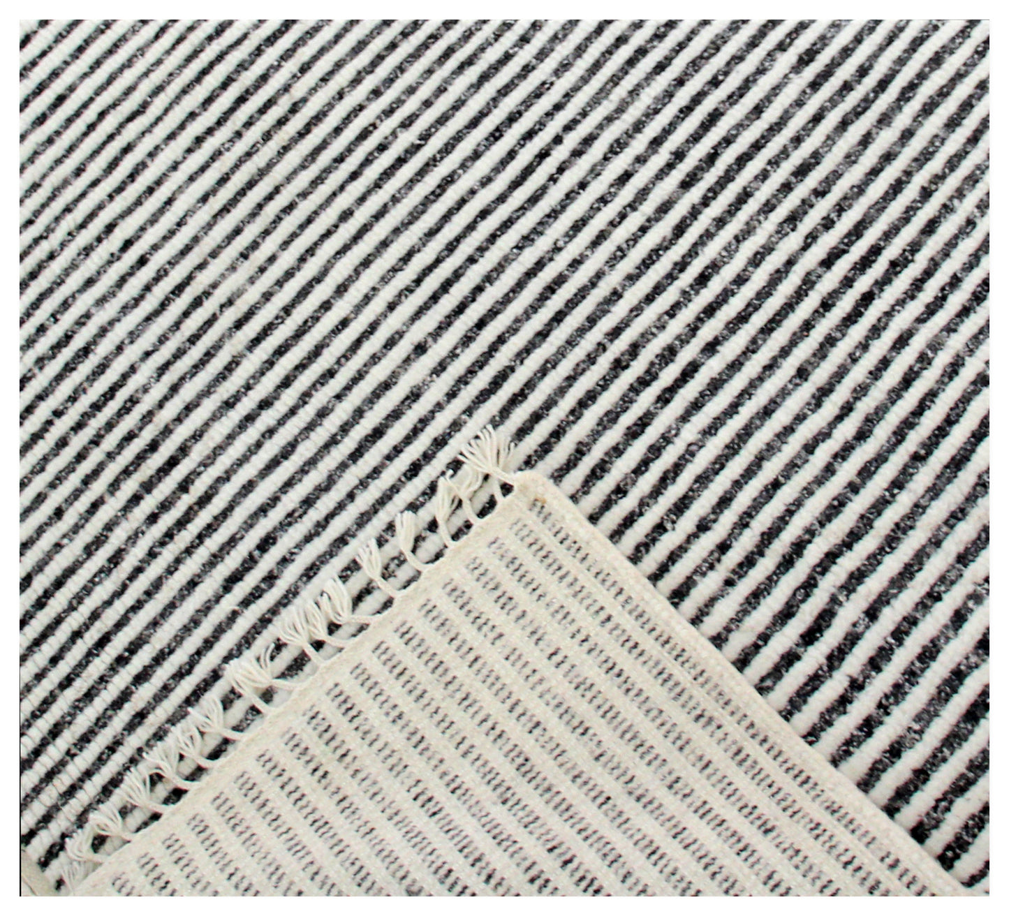 Hand Knotted Ivory Black Horizontal Striped Rug - Modern Hand Carved Texture 5.6x8.6