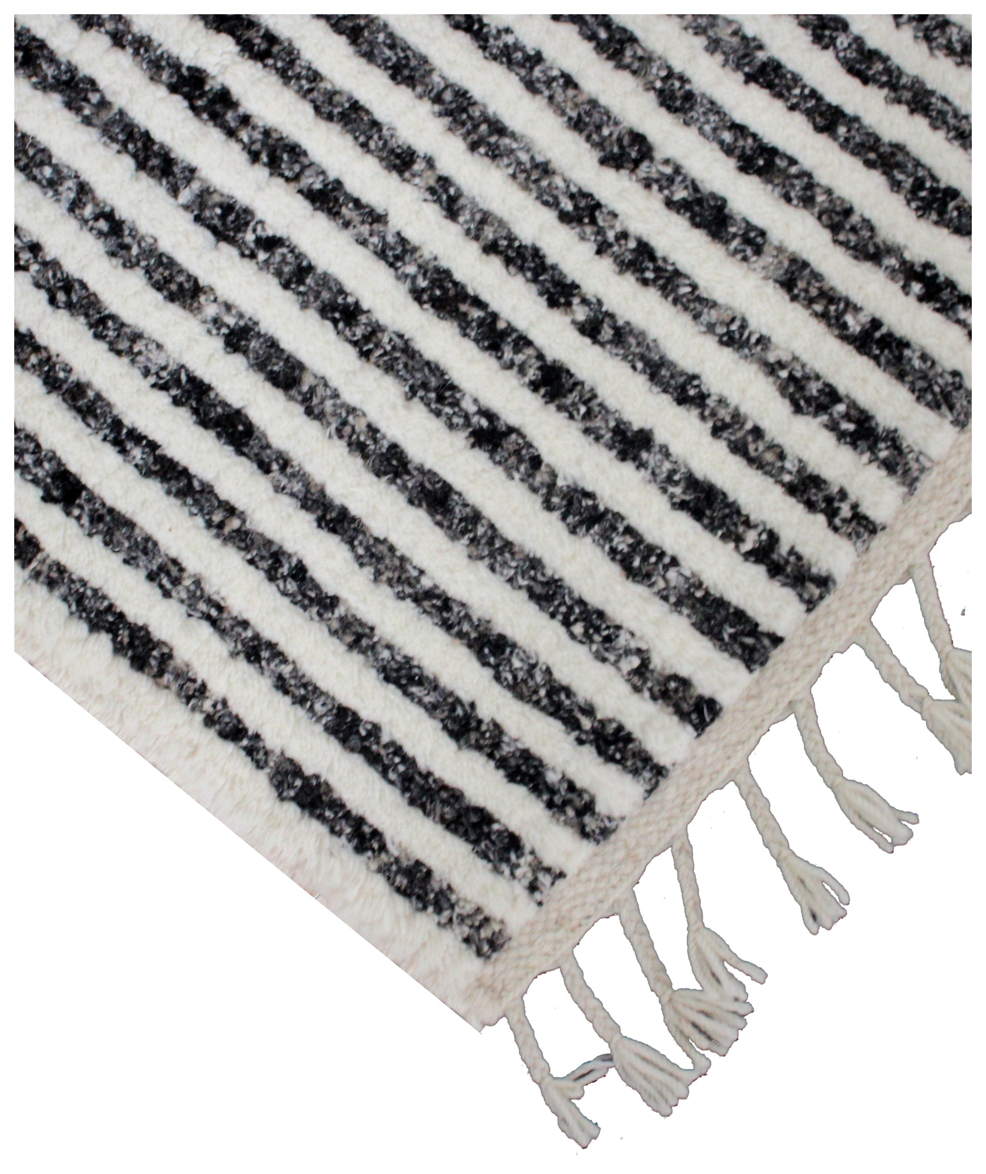 Black and white striped rug with tassels on a white background