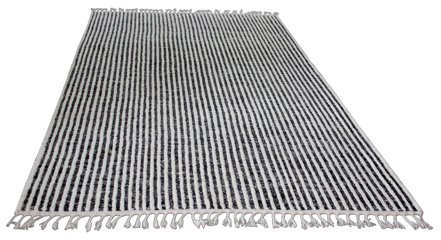 Hand Knotted Ivory Black Horizontal Striped Rug - Modern Hand Carved Texture 5.6x8.6