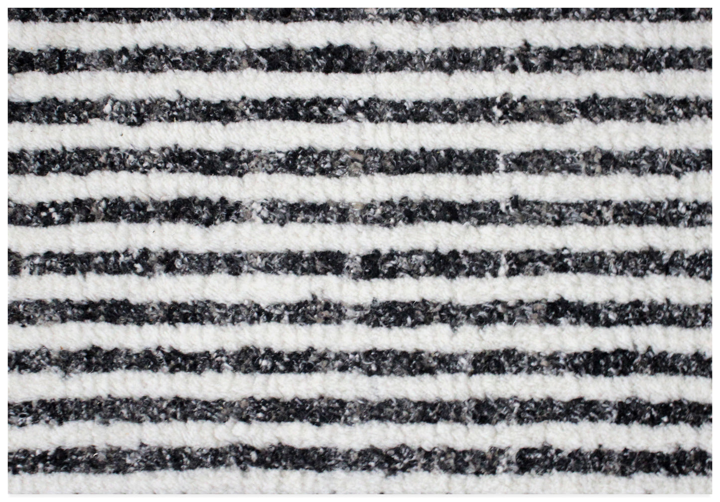 Hand Knotted Ivory Black Horizontal Striped Rug - Modern Hand Carved Texture 5.6x8.6