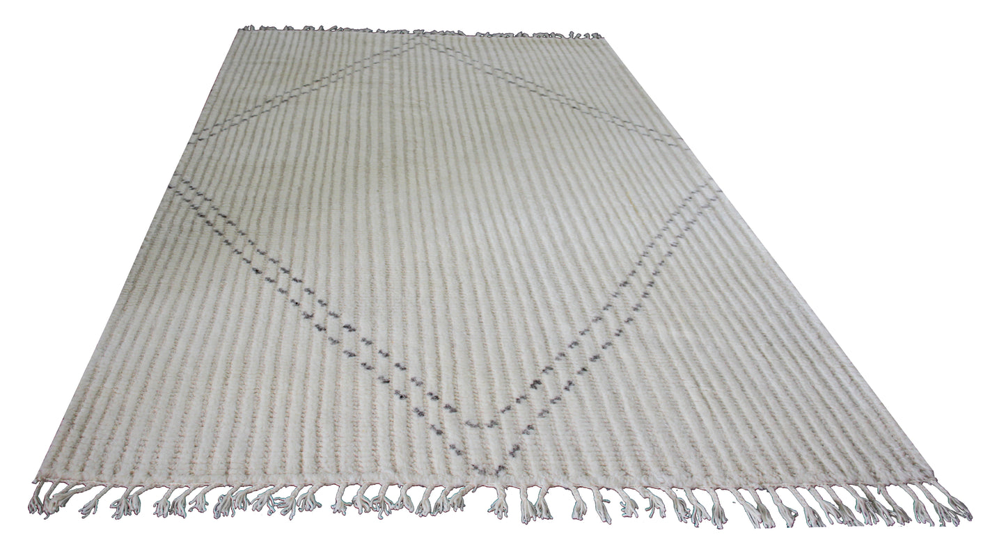 Hand Knotted Ivory Black Striped Rug - Hand Carved Texture 5.6x8.6 Feet