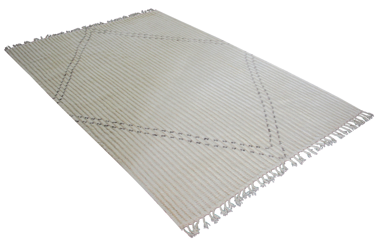 Hand Knotted Ivory Black Striped Rug - Hand Carved Texture 5.6x8.6 Feet