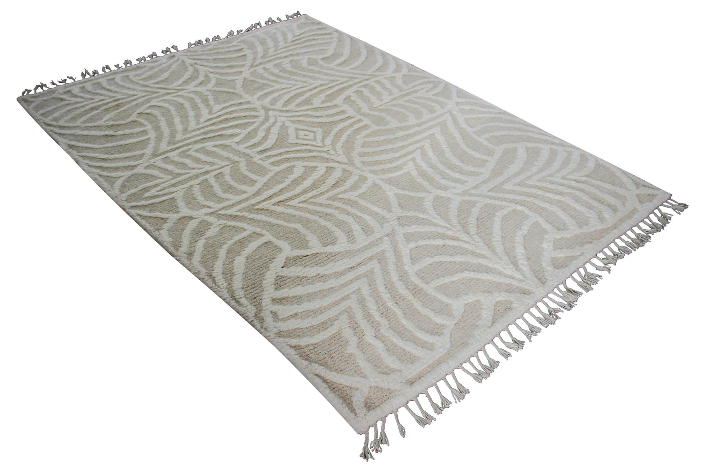 Hand Knotted Ivory Geometrical Swirl Rug - Hand Carved Texture 5.6x8 Feet