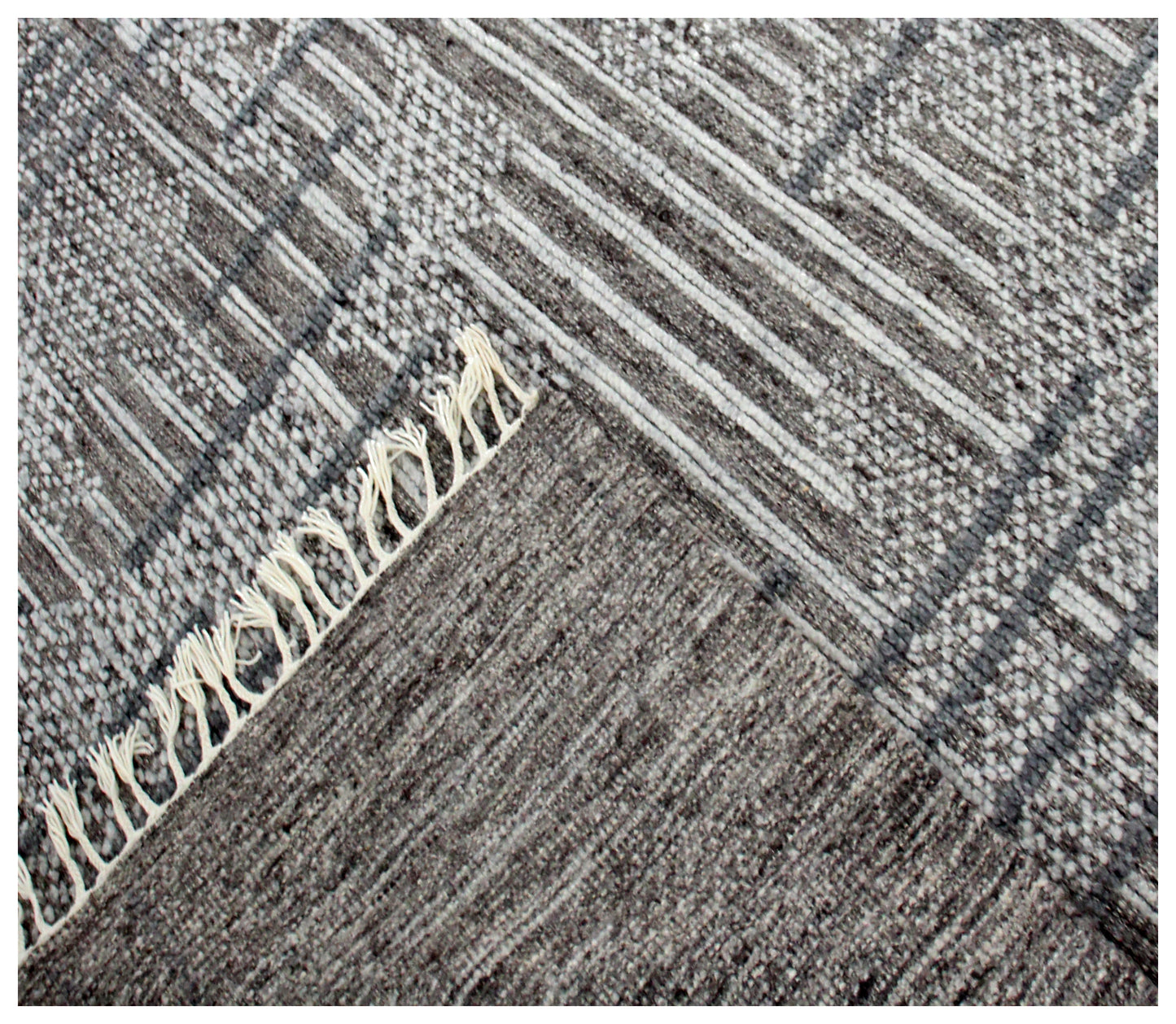 Hand Knotted Brown Ivory Charcoal Striped Rug - Hand Carved Texture 5.6x8