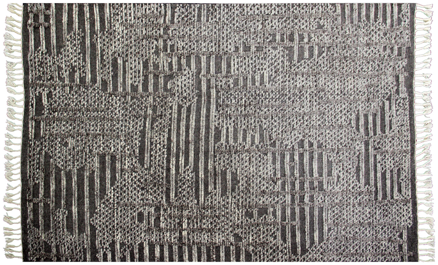 Hand Knotted Ivory Charcoal Striped Rug - Hand Carved Texture 5.6x8 Feet