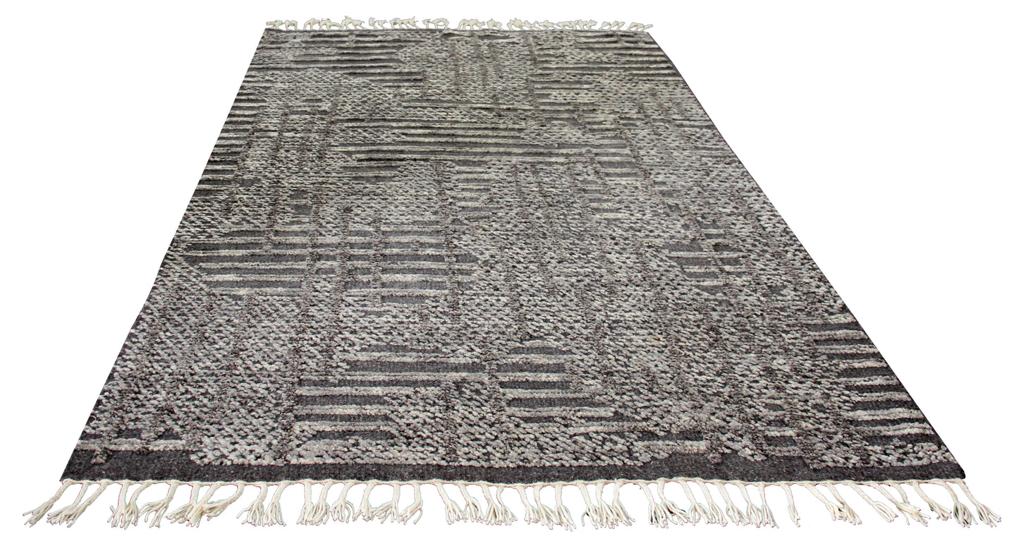 Hand Knotted Ivory Charcoal Striped Rug - Hand Carved Texture 5.6x8 Feet