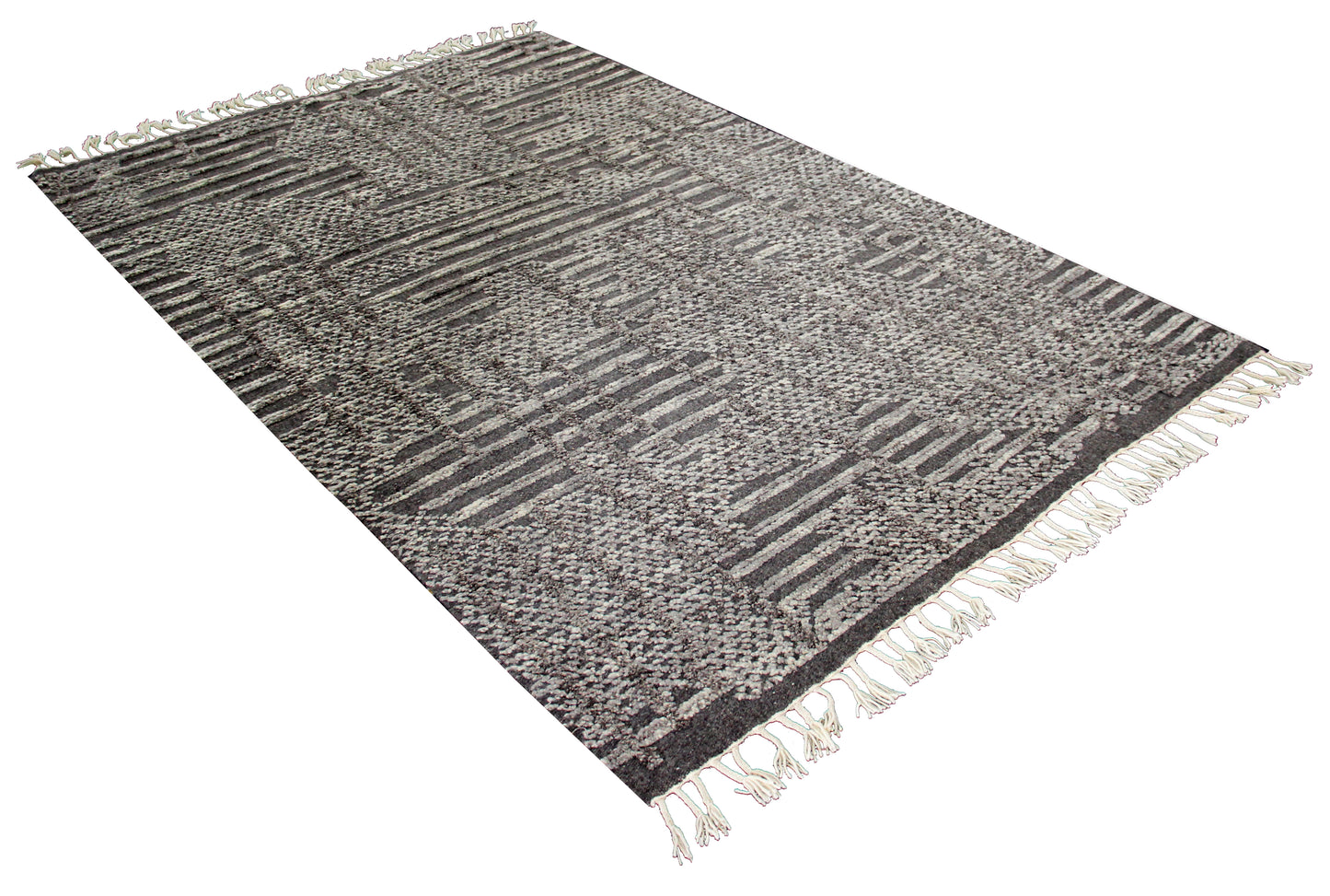 Hand Knotted Ivory Charcoal Striped Rug - Hand Carved Texture 5.6x8 Feet