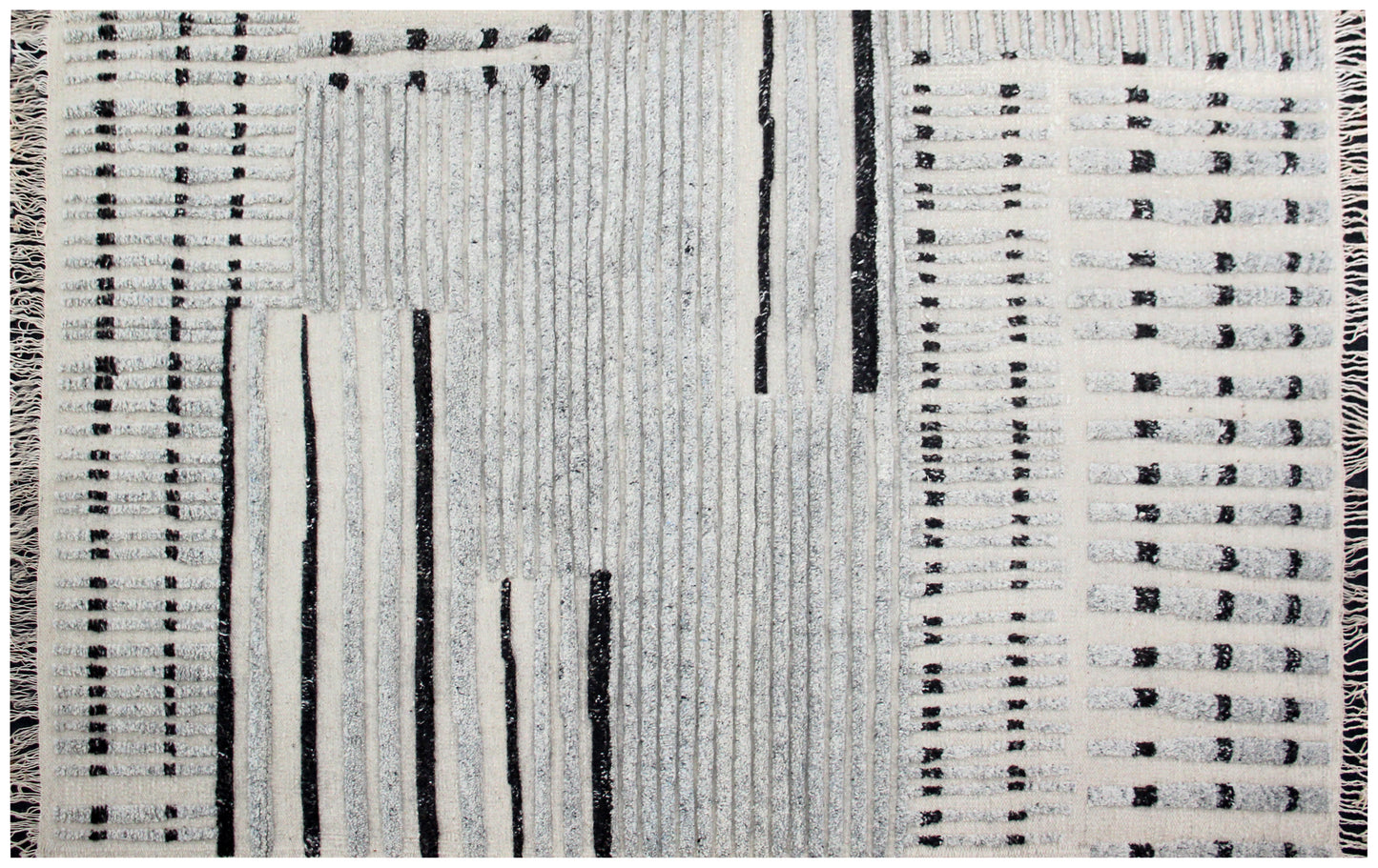 Hand Knotted Ivory Gray Black modern Geometric stripes Rug - Hand Carved Texture 5.6x8.6