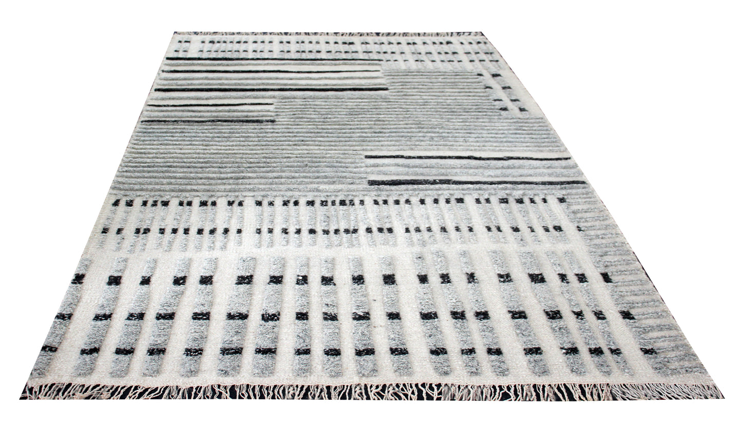Hand Knotted Ivory Gray Black modern Geometric stripes Rug - Hand Carved Texture 5.6x8.6