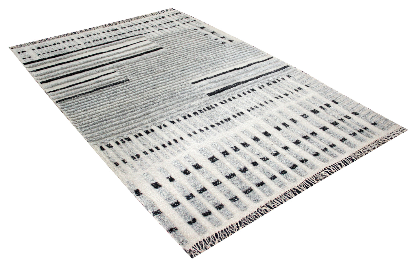 Hand Knotted Ivory Gray Black modern Geometric stripes Rug - Hand Carved Texture 5.6x8.6
