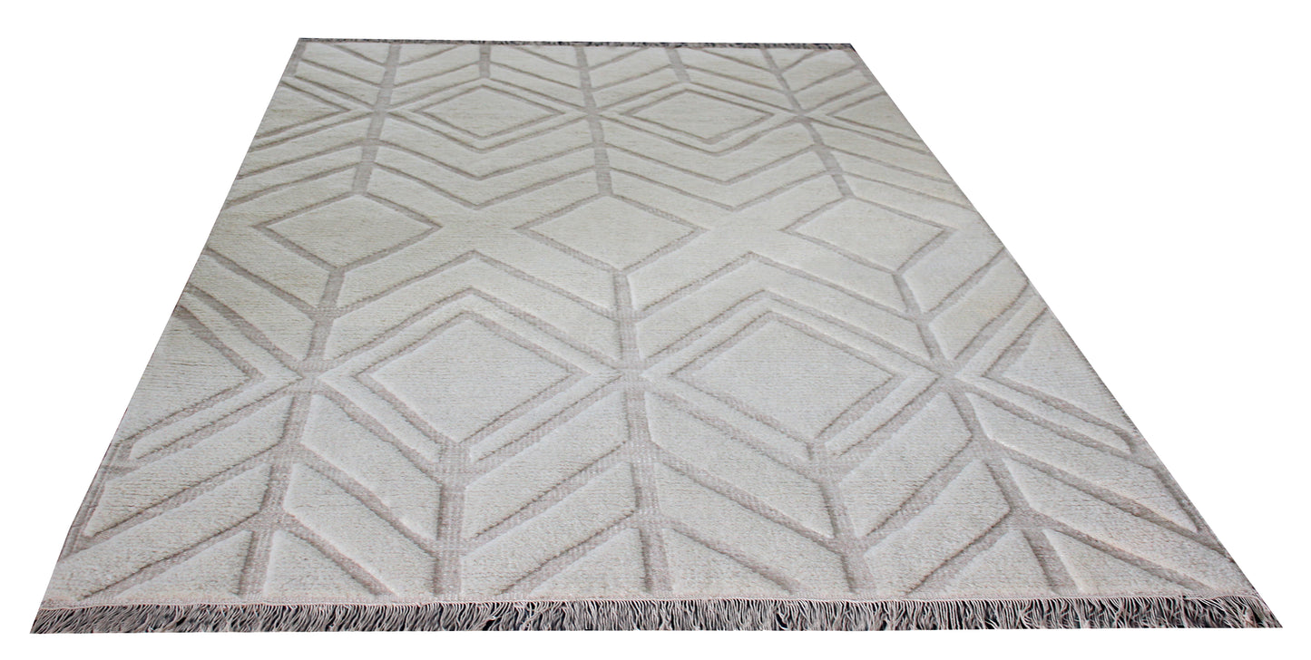 Hand Knotted Peach Ivory Geometric Rug - Hand Carved Texture 5x8 Feet
