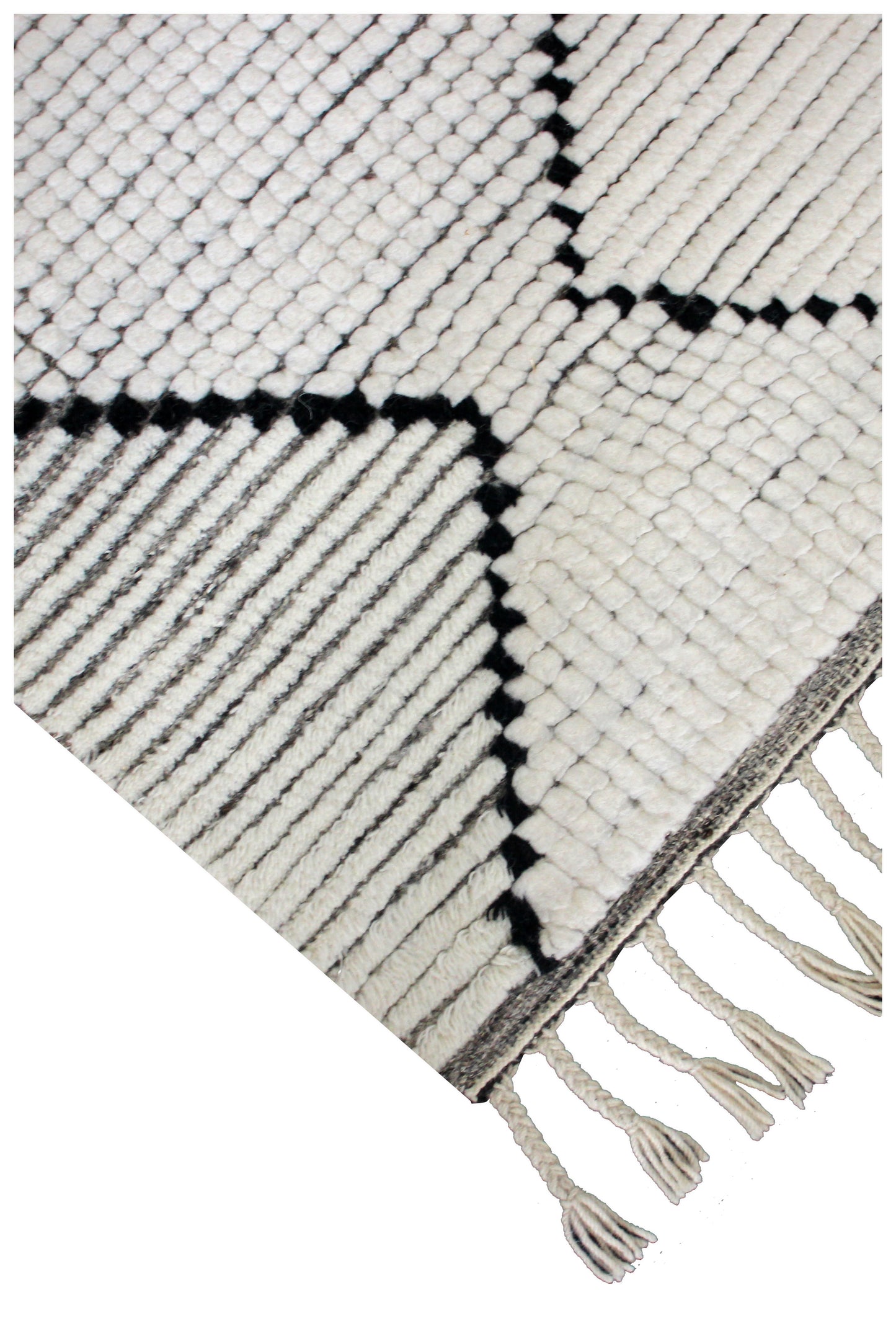 Hand Knotted Ivory and Black Geometric Diamond Rug - Modern Area Rug 5.6x7.6 Feet