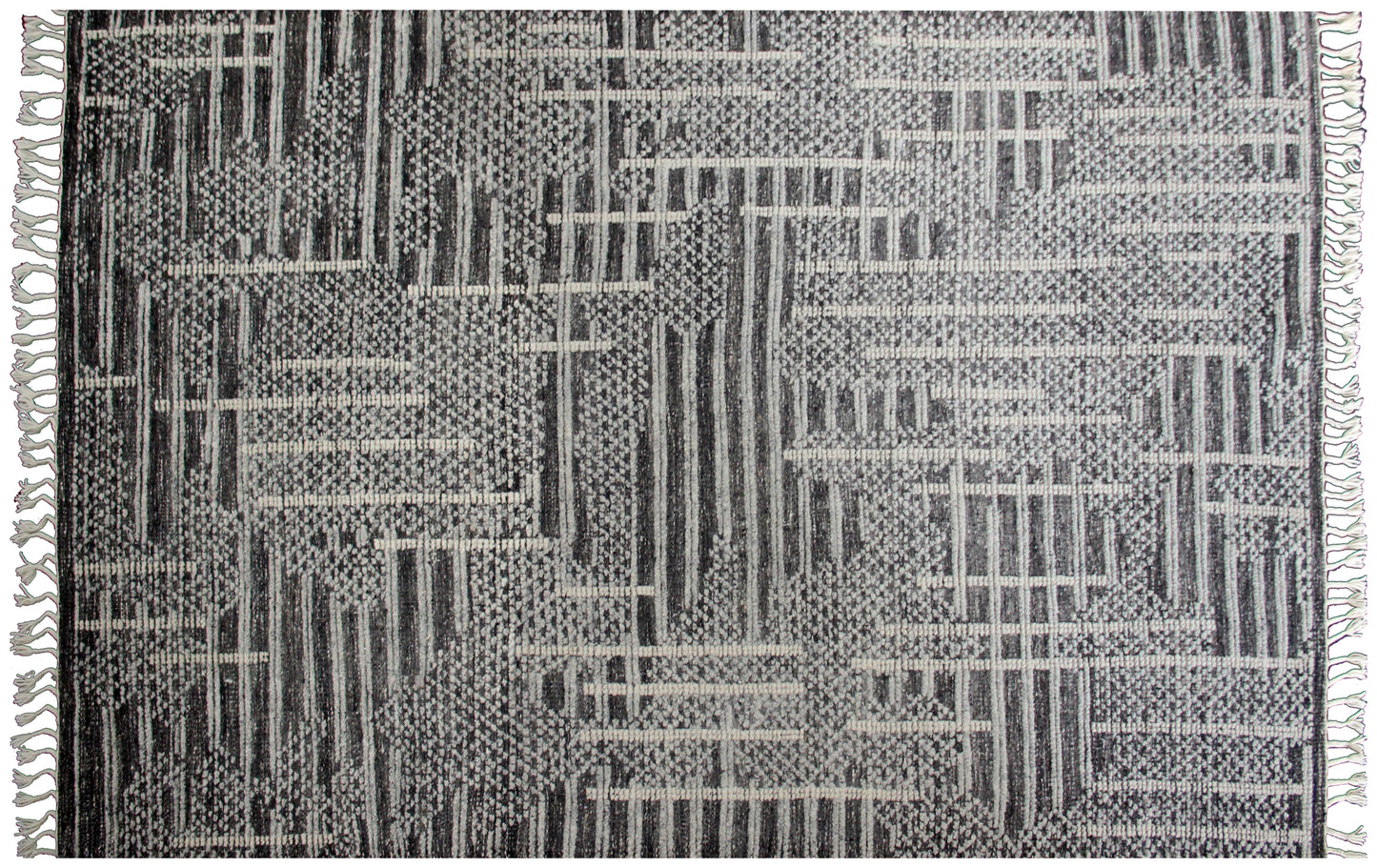 Hand Knotted Geometric Patchwork Rug - Black Gray and Ivory Area Rug 5x8.6 Feet