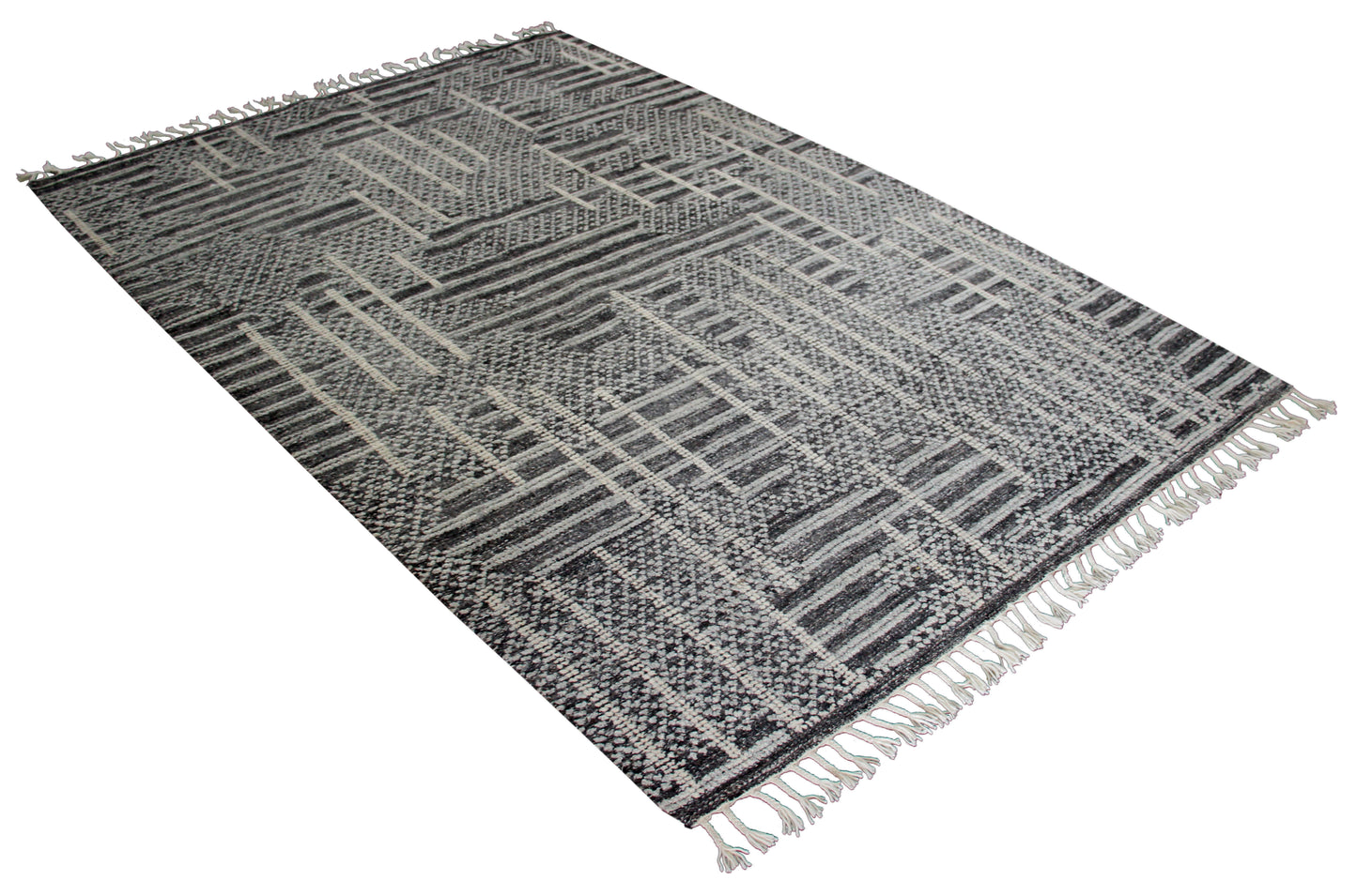 Hand Knotted Geometric Patchwork Rug - Black Gray and Ivory Area Rug 5x8.6 Feet