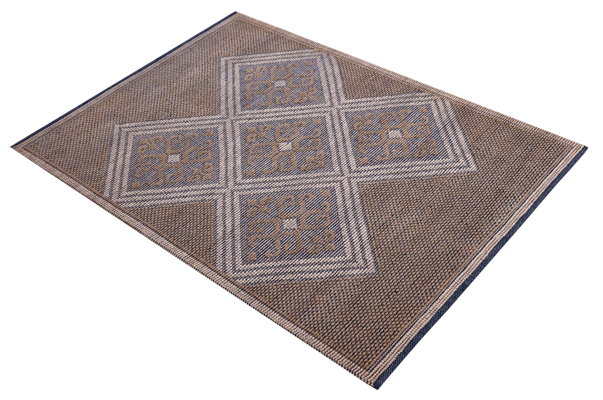 Natural Brown Ivory Diamond Geometric Woven Jute 4x5.6 Bhadohi Area Rug