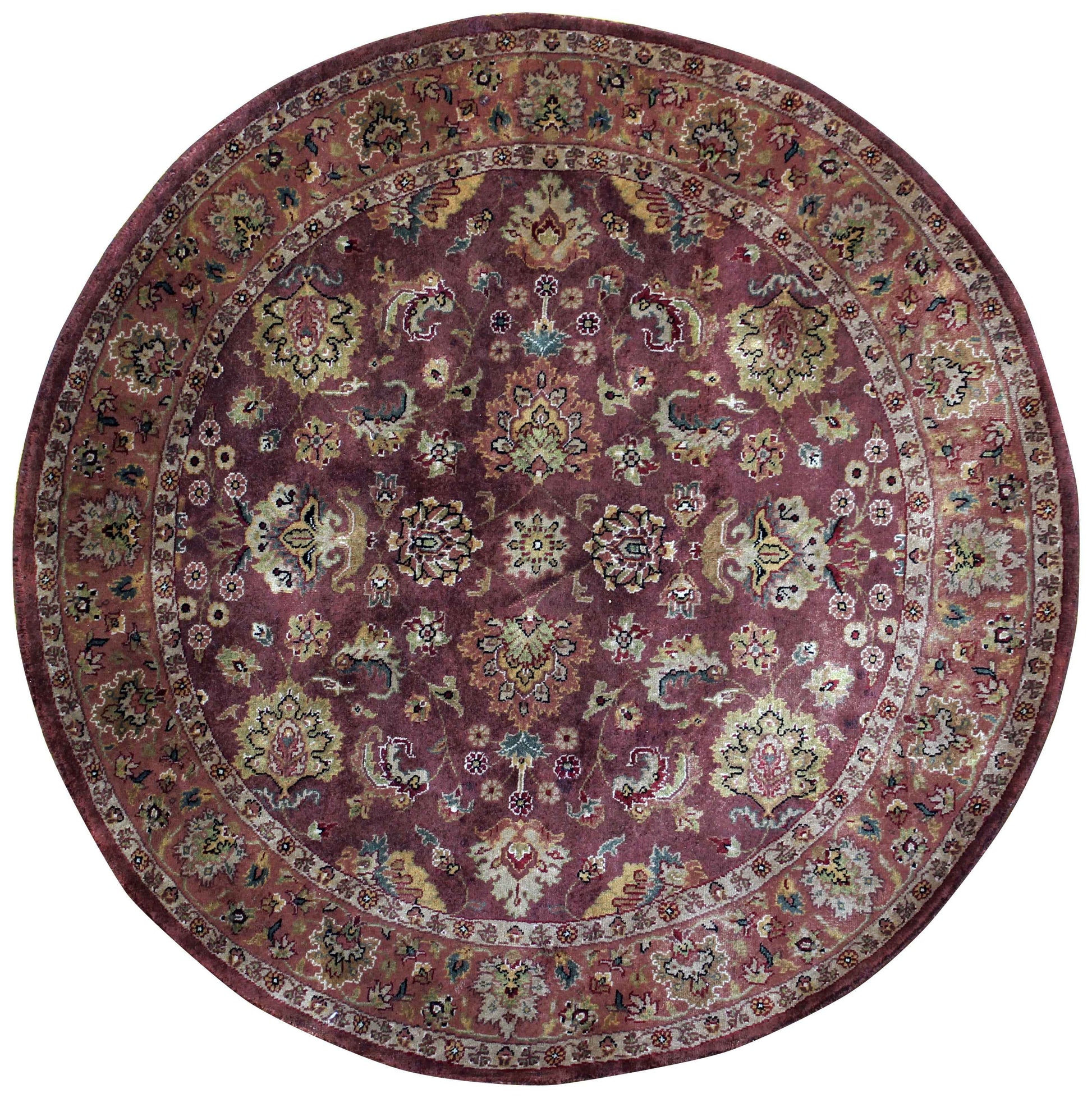 Burgundy Wine Plum Gold Sage Persian Kashan Floral Hand Knotted Wool 5x5 Round Bhadohi Area Rug