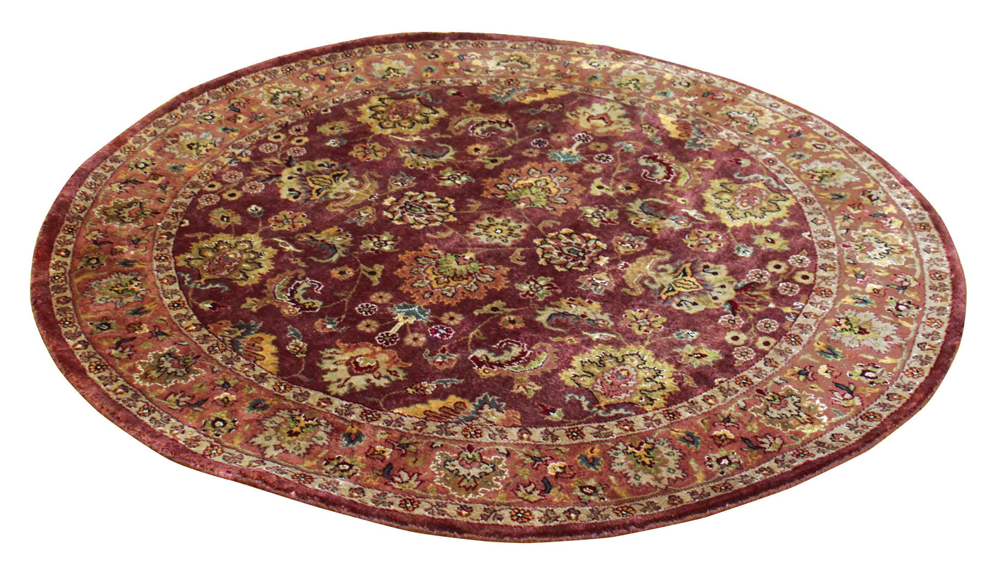 Burgundy Wine Plum Gold Sage Persian Kashan Floral Hand Knotted Wool 5x5 Round Bhadohi Area Rug