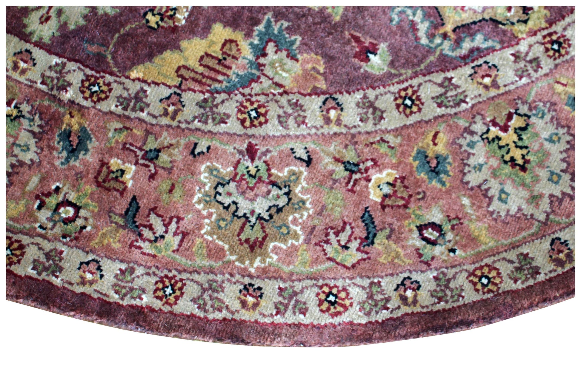 Burgundy Wine Plum Gold Sage Persian Kashan Floral Hand Knotted Wool 5x5 Round Bhadohi Area Rug