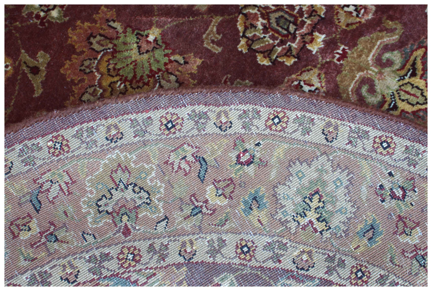 Burgundy Wine Plum Gold Sage Persian Kashan Floral Hand Knotted Wool 5x5 Round Bhadohi Area Rug