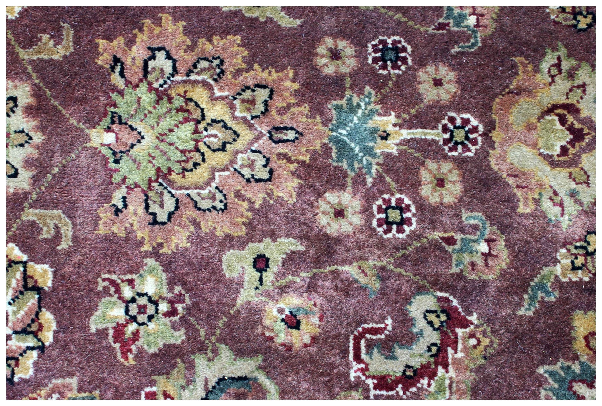 Burgundy Wine Plum Gold Sage Persian Kashan Floral Hand Knotted Wool 5x5 Round Bhadohi Area Rug