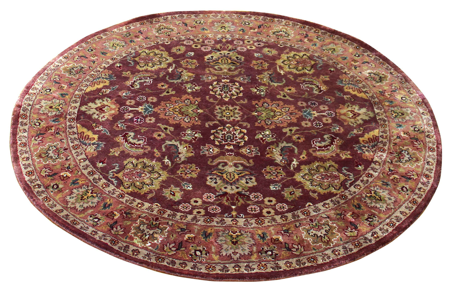 Burgundy Wine Plum Gold Sage Persian Kashan Floral Hand Knotted Wool 5x5 Round Bhadohi Area Rug
