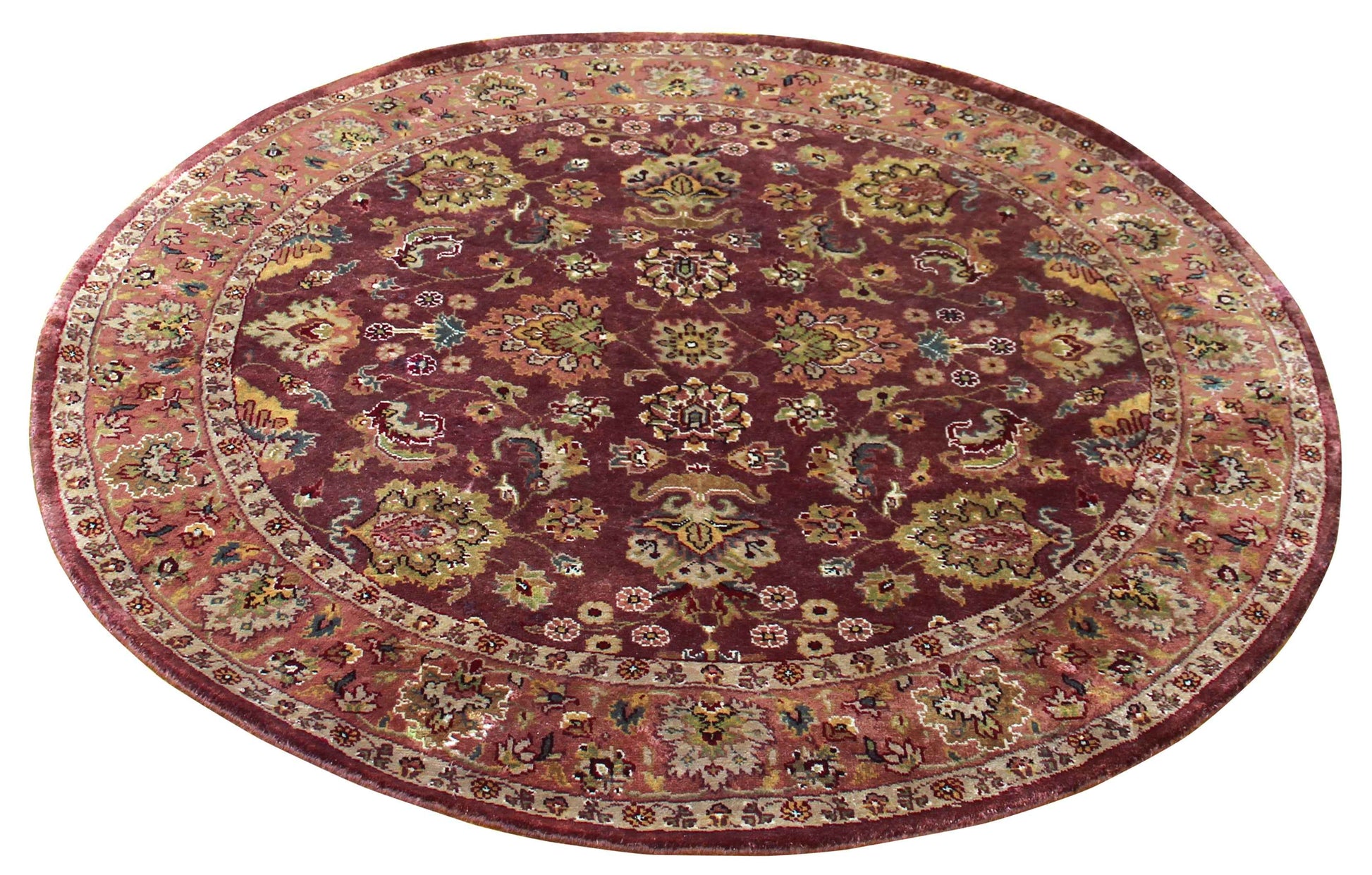 Burgundy Wine Plum Gold Sage Persian Kashan Floral Hand Knotted Wool 5x5 Round Bhadohi Area Rug