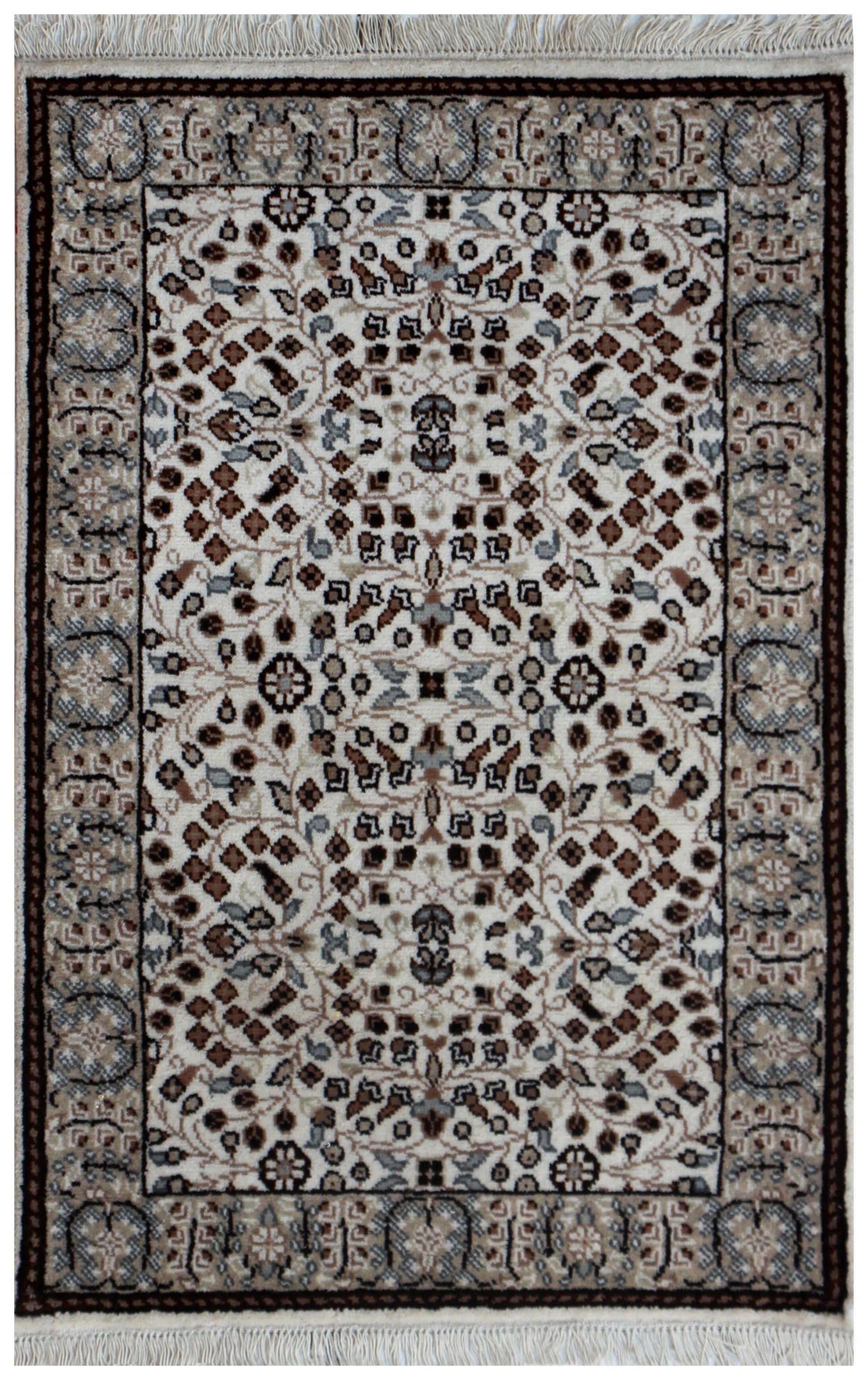 3x4.6 Traditional Floral Ivory, Brown & Tan Fine Hand-Knotted Wool Rug.