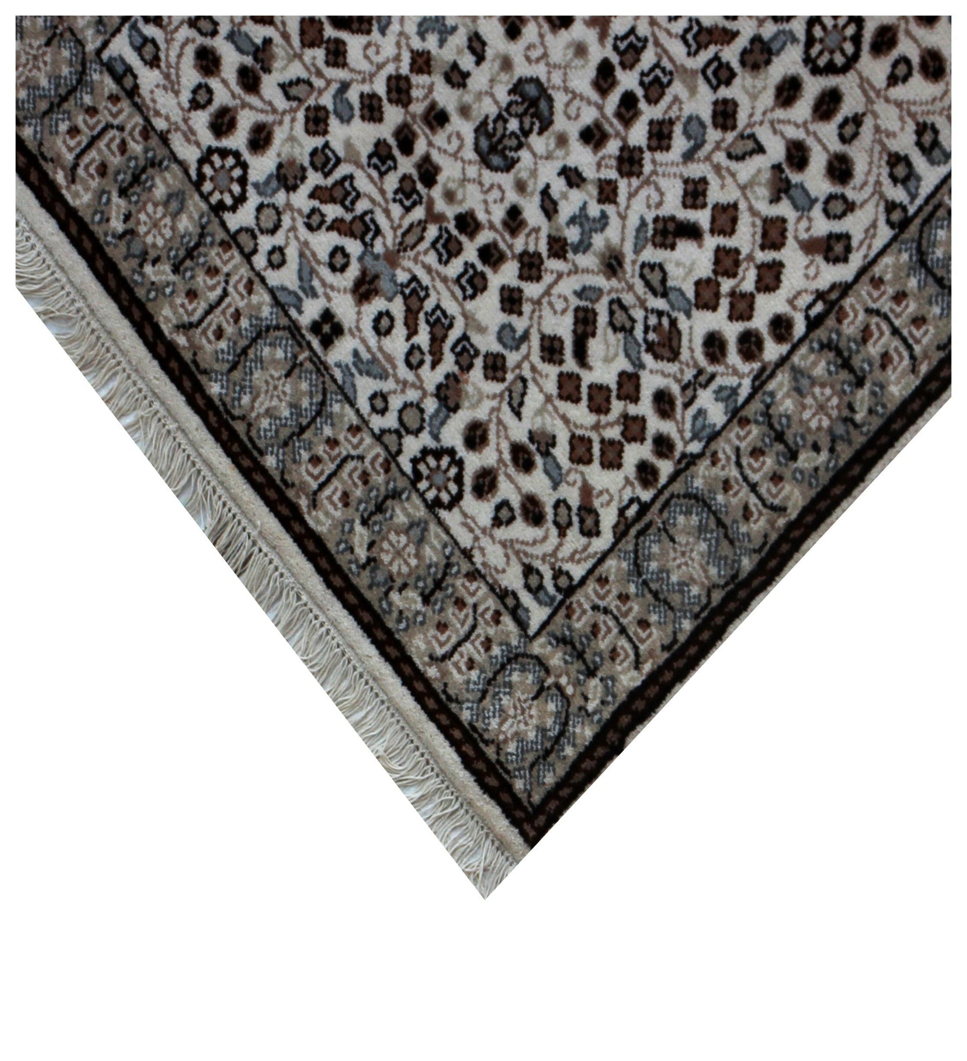 3x4.6 Traditional Floral Ivory, Brown & Tan Fine Hand-Knotted Wool Rug.