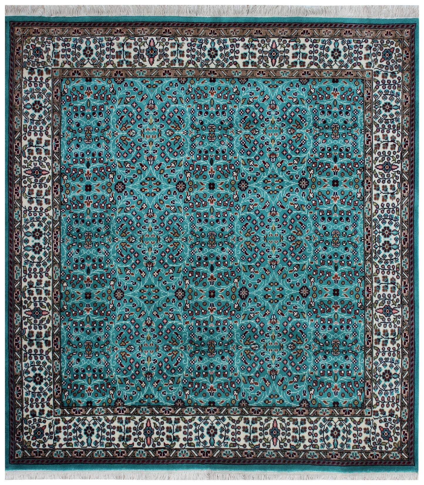 Traditional Floral Wool Rug – 6.6x6.6 Teal, Ivory, Brown Fine Hand-Knotted Carpet.
