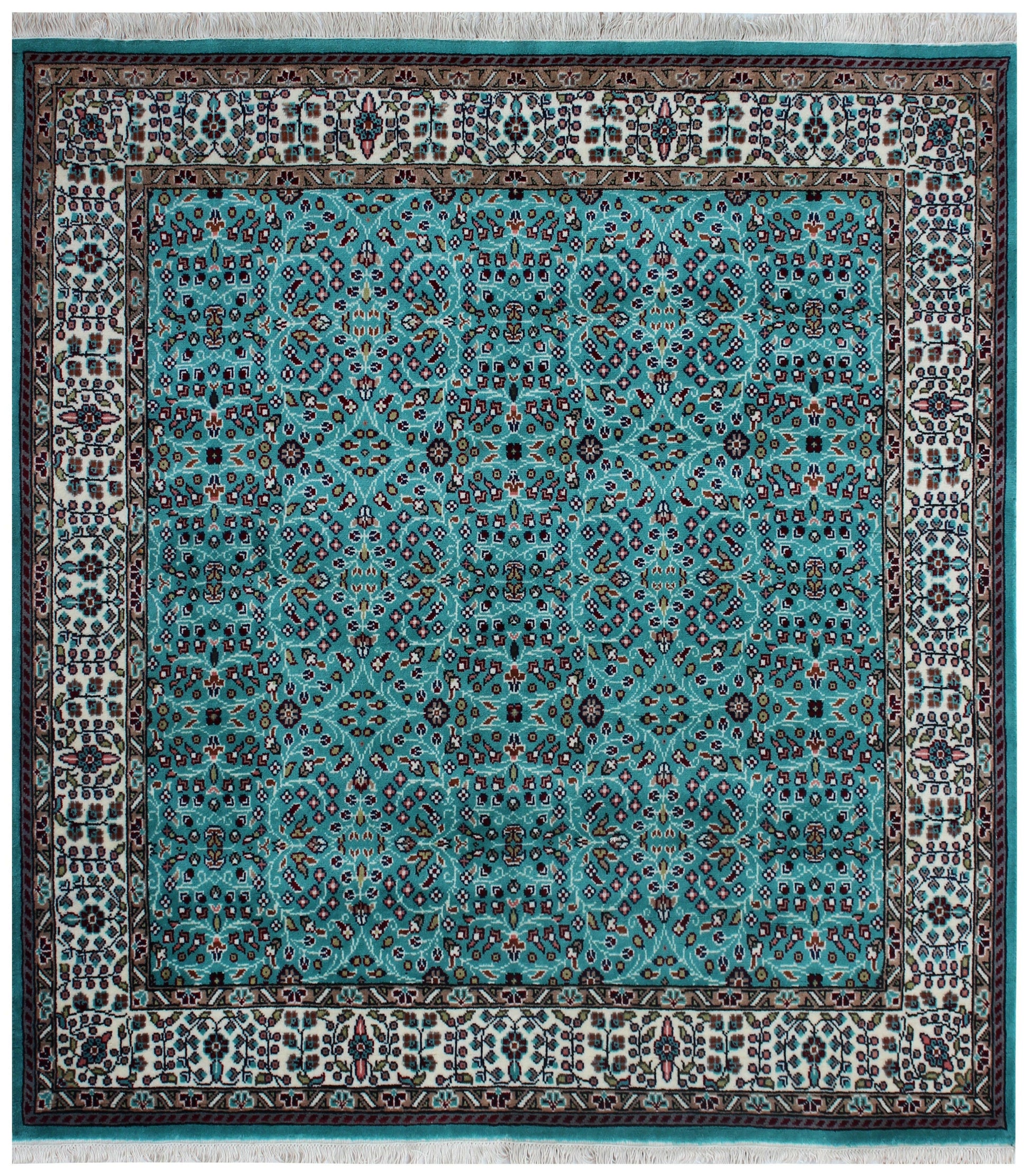 Traditional Floral Wool Rug – 6.6x6.6 Teal, Ivory, Brown Fine Hand-Knotted Carpet.