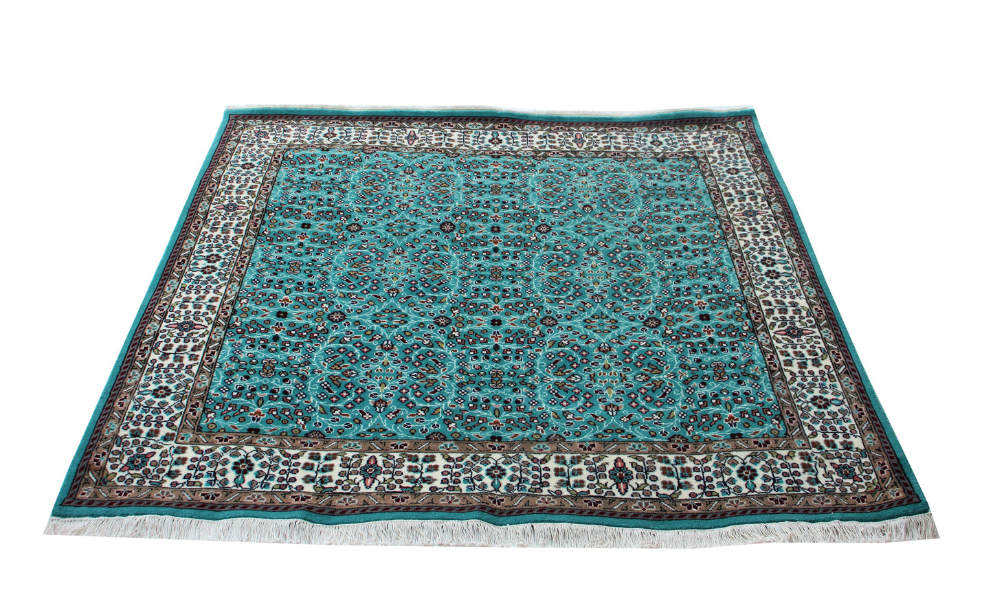Traditional Floral Wool Rug – 6.6x6.6 Teal, Ivory, Brown Fine Hand-Knotted Carpet.
