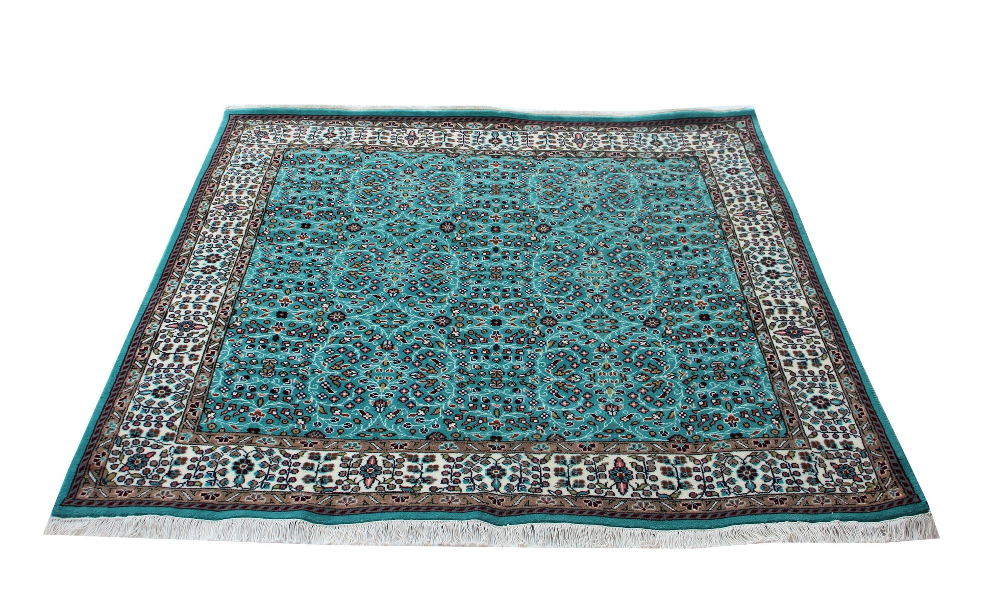 Traditional Floral Wool Rug – 6.6x6.6 Teal, Ivory, Brown Fine Hand-Knotted Carpet.
