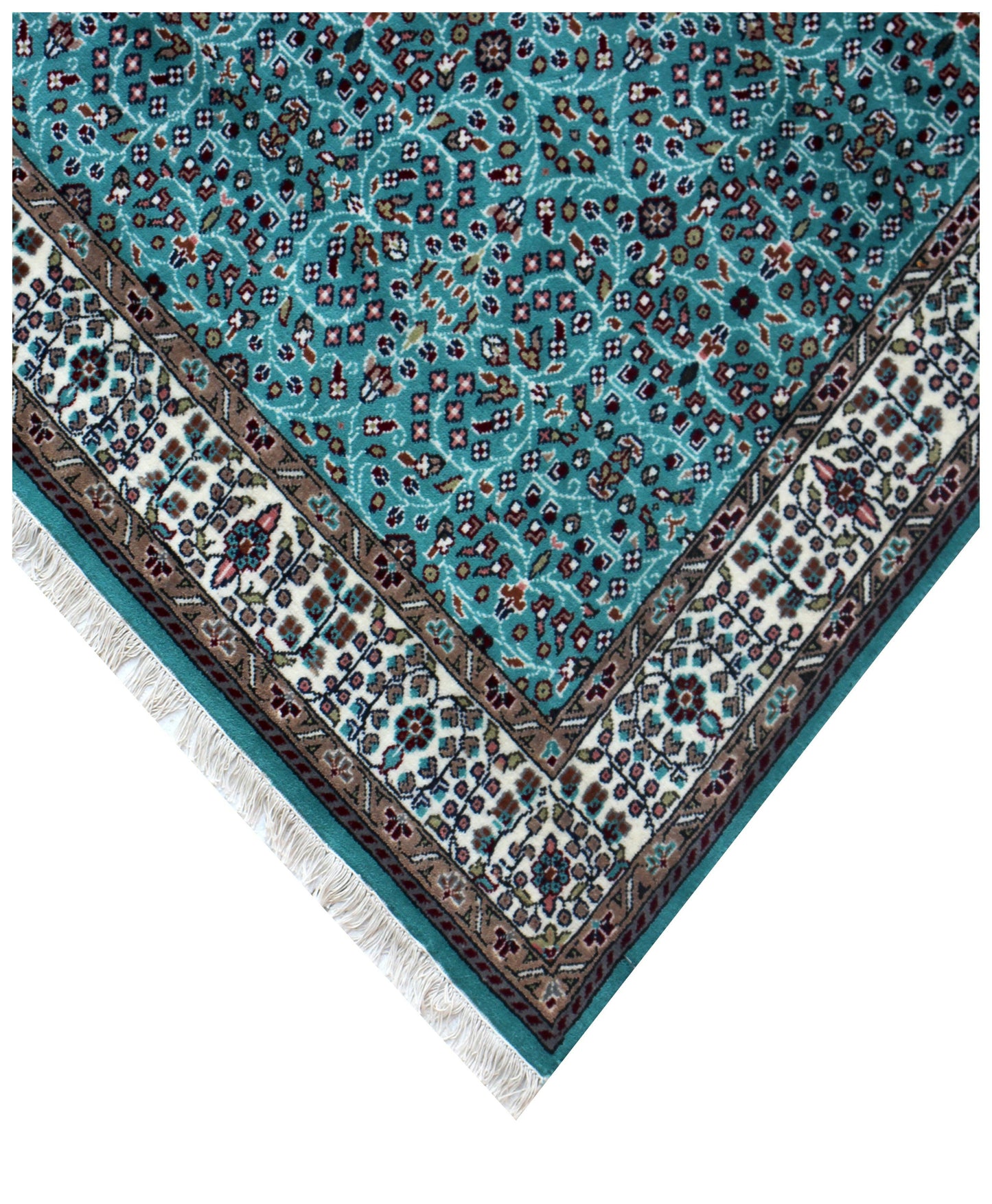 Traditional Floral Wool Rug – 6.6x6.6 Teal, Ivory, Brown Fine Hand-Knotted Carpet.