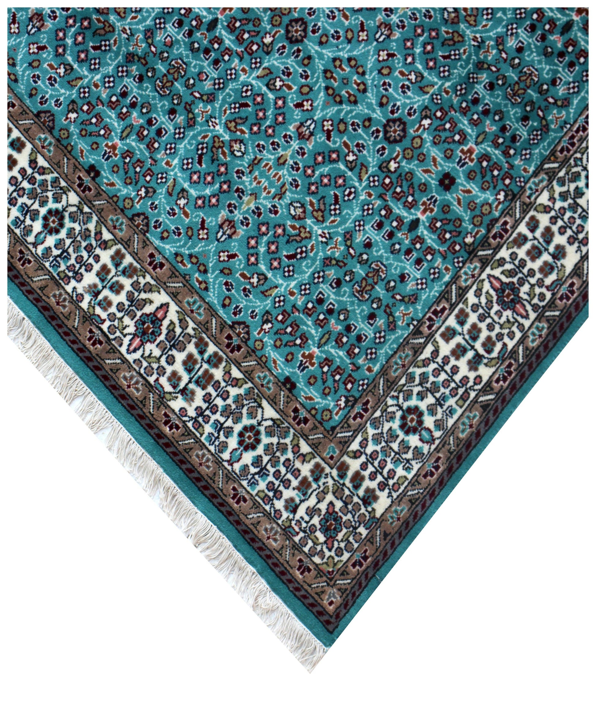 Traditional Floral Wool Rug – 6.6x6.6 Teal, Ivory, Brown Fine Hand-Knotted Carpet.