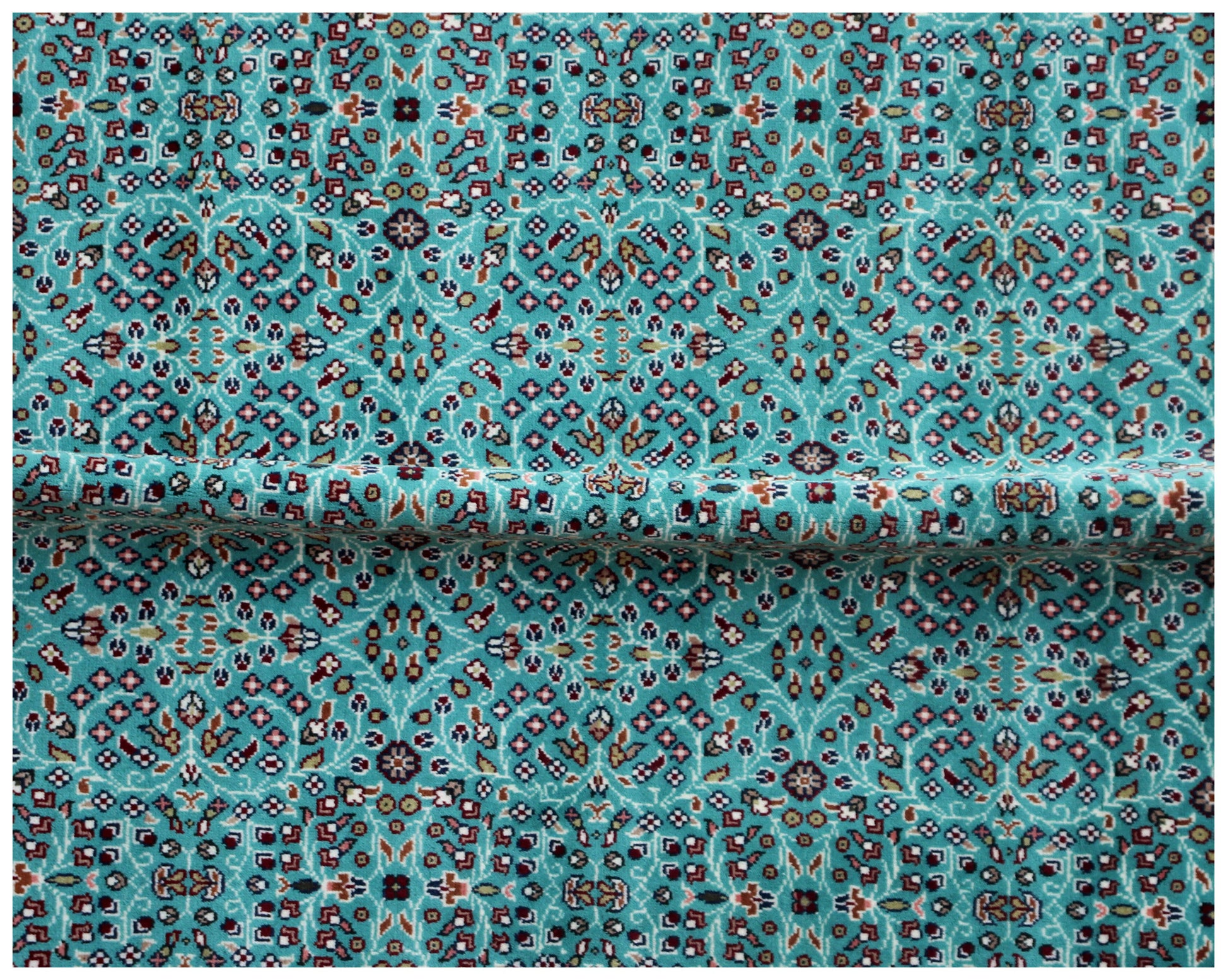 Traditional Floral Wool Rug – 6.6x6.6 Teal, Ivory, Brown Fine Hand-Knotted Carpet.